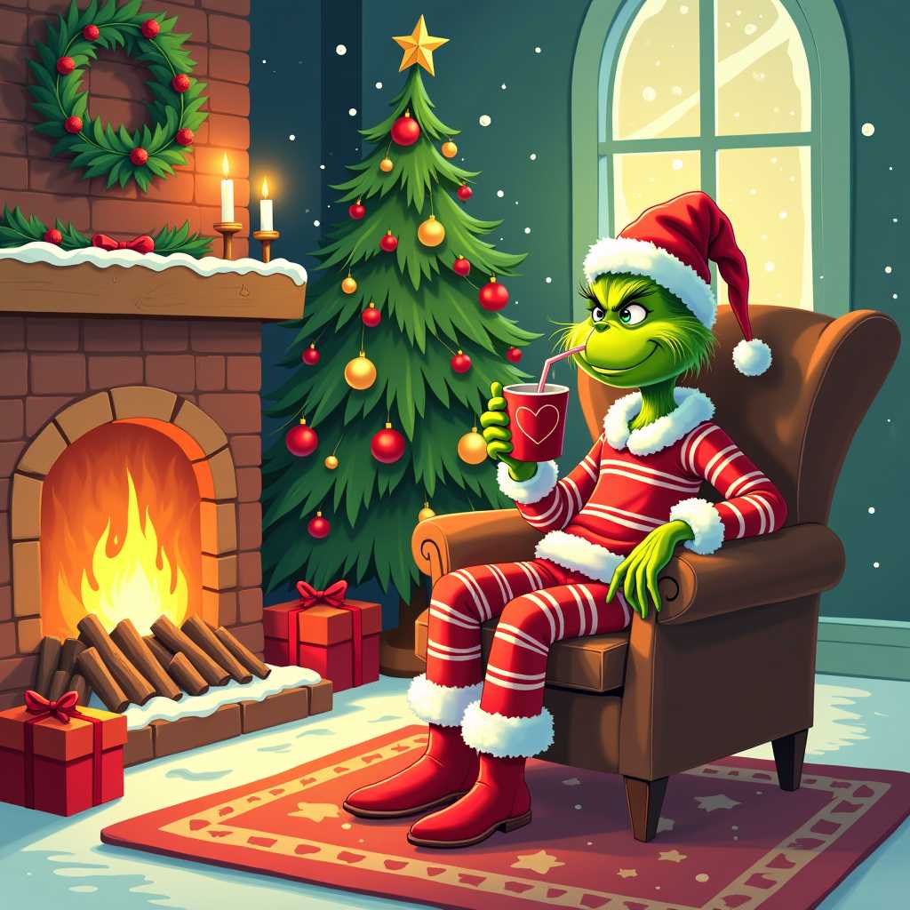 This image is a vibrant and detailed illustration that captures the essence of Christmas cheer. The art style is whimsical and cartoonish, with a strong emphasis on character and environment. The medium appears to be digital, given the smooth gradients and the crispness of the lines.The colors are bright and festive, with a predominance of reds, greens, and yellows, which are traditional Christmas colors. The reds of the Grinchs pajamas and hat pop against the green of the Christmas tree and the snowy background, while the yellows of the fireplace and the Grinchs mug add warmth to the scene. The whites of the snowflakes and the fur trim on the Grinchs hat and boots provide a stark contrast that enhances the holiday feel.The objects in the image are numerous and contribute to the cozy, celebratory atmosphere. In the foreground, the Grinch is comfortably seated in a brown armchair, wearing a pair of striped pajamas with a heart on the front, a Santa hat, and furry boots. The Grinch is holding a mug with a heart on it, suggesting a love for the holiday spirit, and is sipping from it with a straw. The chair itself has a plush cushion and a throw pillow, indicating a wellused and cozy spot.To the left of the Grinch is a roaring fireplace, with flames dancing atop a pile of logs. The hearth is adorned with a wreath made of red berries and greenery, and there are two candles burning in a candlestick, casting a soft glow on the scene. The fireplace adds to the warmth and comfort of the setting, inviting one to snuggle up and enjoy the holiday season.Behind the Grinch stands a Christmas tree, festooned with an array of ornaments including red baubles, white snowflakes, and golden stars. The tree is topped with a star and surrounded by presents wrapped in red and green, further emphasizing the Christmas theme. The tree is placed against a brick wall, and the reflection of the tree and the Grinch in the window adds depth to the composition.The floor is covered in a patterned rug, and the room is sprinkled with falling snowflakes, which gives the scene a magical, wintry feel. The overall effect is one of holiday cheer, warmth, and coziness, inviting the viewer to feel the joy and magic of Christmas.