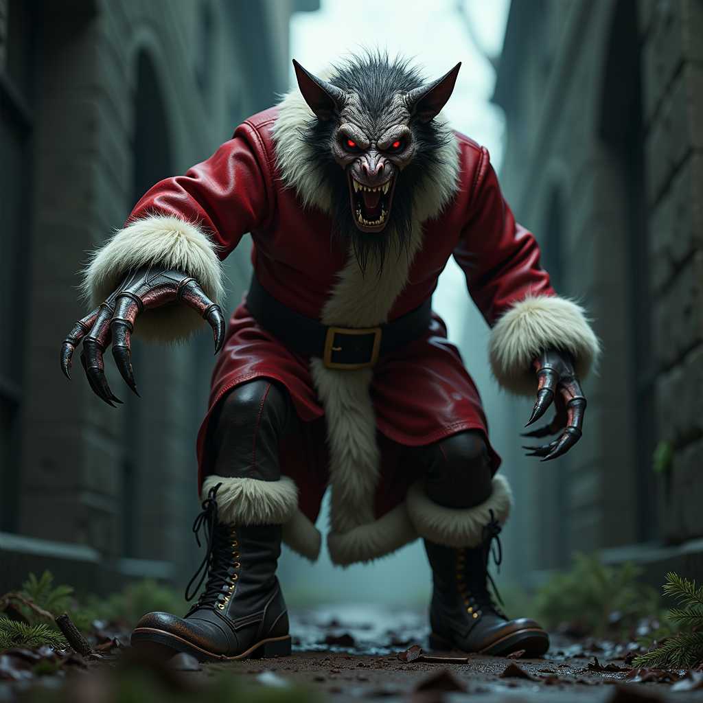 full body and legs: A cruel lycanthrope wears a torn, dirty leather Santa Claus costume and boots with his claws sticking out. He reaches towards the camera with his bony claws, it looks as if he wants to grab the picture, in the nightmarish realm of shadows.3d, ultra detailed, hyperrealistic, dramatic lighting, dark, mystical horror style, low angle