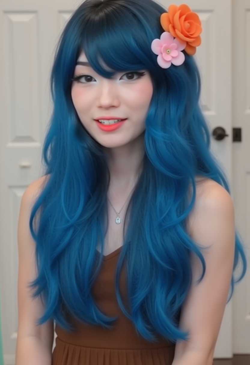 This image features a person with a striking blue wig that cascades in waves down their back. The wig has a gradient effect, with the roots appearing to be a darker shade that transitions into a vibrant, almost electric blue towards the ends. The person is wearing a brown garment that seems to be a top or a dress, with a fitted bodice and a flowing skirt or sleeveless design.The hair is accessorized with two flowersone orange and one pinkplaced asymmetrically, with the orange flower near the top of the wig and the pink flower closer to the persons ear. The flowers add a pop of color and a touch of whimsy to the overall look.The background is nondescript, with a neutral color that doesnt compete with the vividness of the subjects hair and attire. The lighting in the image is soft and even, highlighting the subject without casting harsh shadows.The art style of the image is reminiscent of a digital illustration or a stylized photograph, with a focus on the subjects hair and the details of the flowers. The medium could be a digital painting or a photo manipulation that has been edited to achieve the desired look.The colors in the image are bold and saturated, with the blue of the wig standing out against the warm tones of the flowers and the brown garment. The contrast between the cool and warm colors creates a visually appealing and dynamic composition.