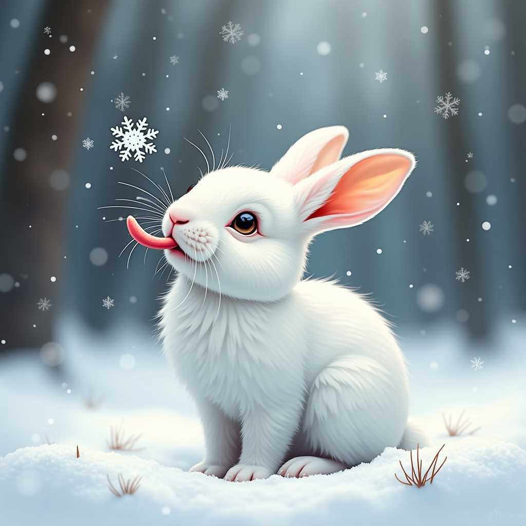hyperrealism inks alcohol oils. a cute baby white bunny poking it's tongue out trying to catch a very tiny beautiful snowflake that's floating right above its tongue. show full body. snowing, snowflakes, snow on the ground. blurred forest background.