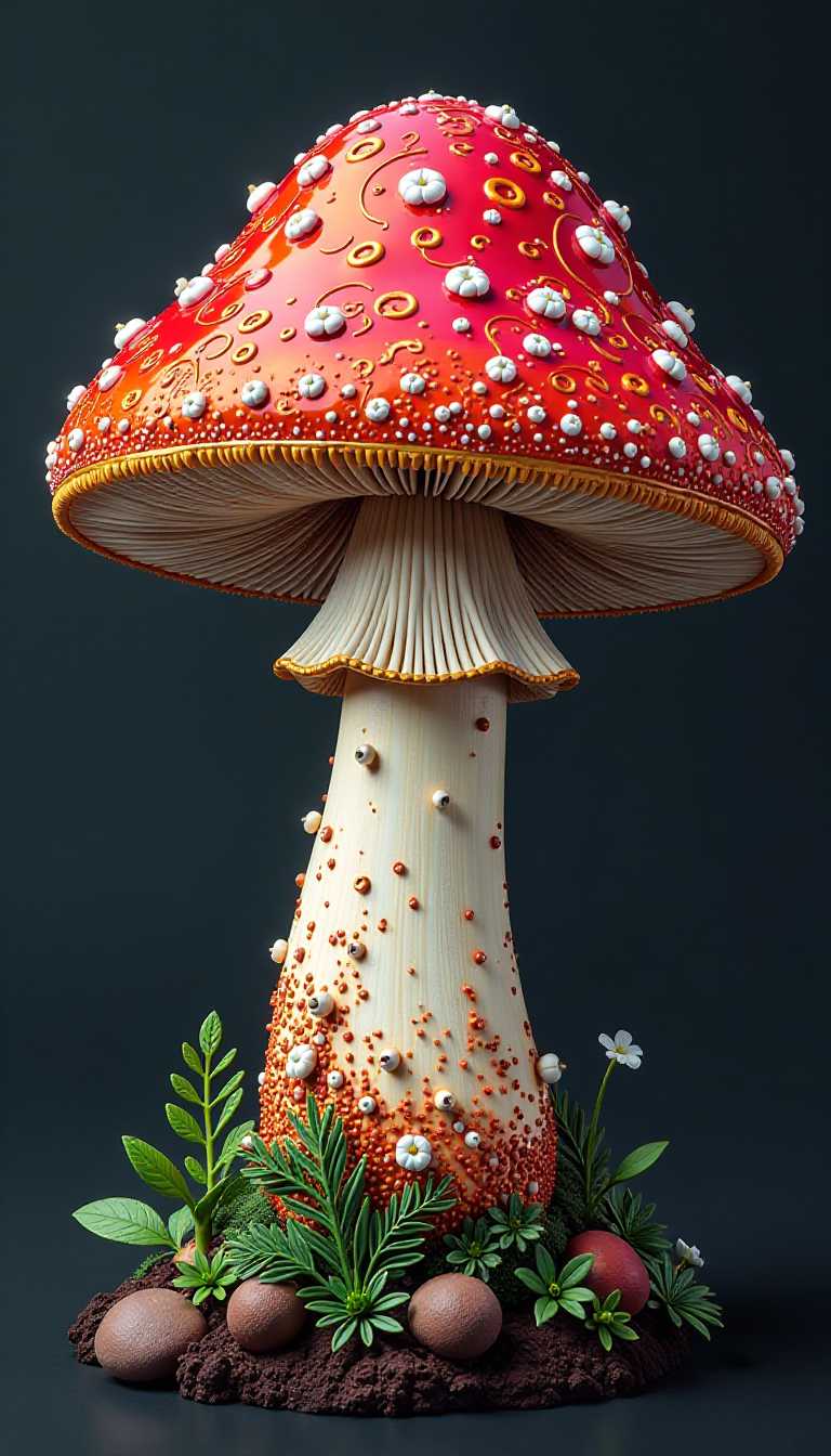 Cartoonish, rainbow-colored fly agaric (Amanita muscaria) designed with intricate, swirling patterns. The fly agaric (Amanita muscaria)'s body is made up of flowing lines and shapes made from enamel. 
