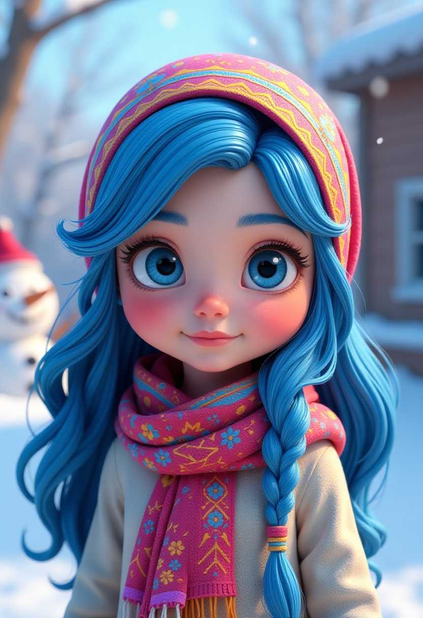 3d cartoon, young girl with long blue hair and blue eyes. She is wearing a colorful headscarf with intricate patterns and designs in shades of blue, pink, yellow, and orange. Her hair is styled in loose waves and cascades over her shoulders. She has a serious expression on her face and is looking directly at the viewer with a slight smile. Snow garden background, snowman.