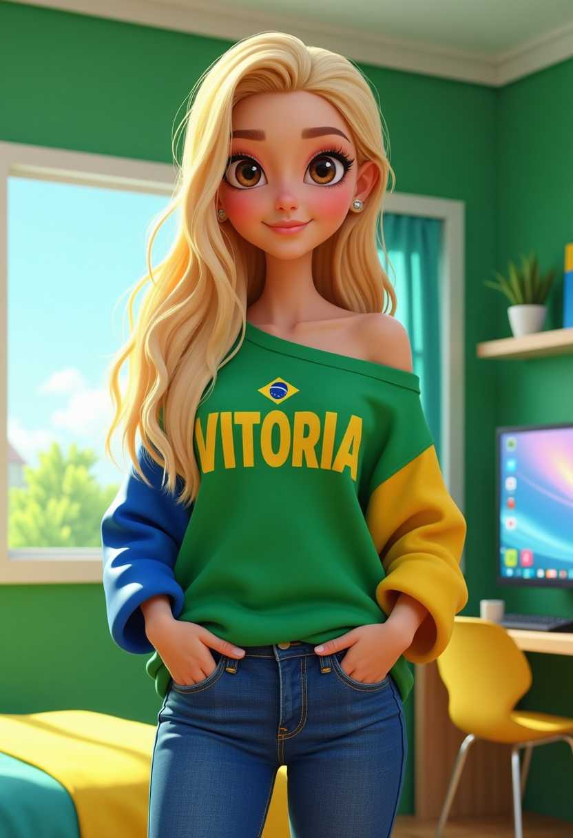 3d cartoon, young woman with super long blond hair and blue highlights. She has brown eyes. She is wearing an oversized green off-the-shoulder top, with one blue sleeve and one yellow sleeve, featuring the Brazilian flag and her name written "VITORIA" in yellow bold font. She has her hands tucked inside her blue jeans. The background is a futuristic bedroom with green walls, big windows for light to shine in, and to see the view of her backyard garden, and yellow and white furniture, including a bed with green sheets, a blue desk with her gaming PC, and a large OLED TV on her wall.