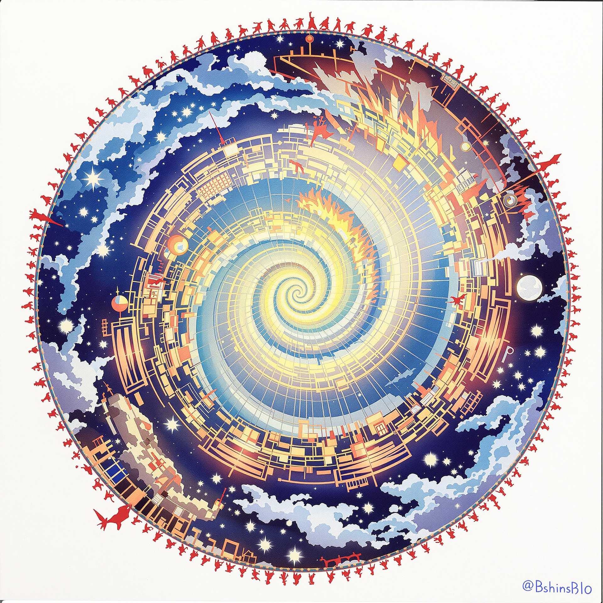Round, like a circle in a spiral
Like a wheel within a wheel
Never ending or beginning
On an ever-spinning reel
Like a snowball down a mountain
Or a carnival balloon
Like a carousel that's burning
Running rings around the moon
