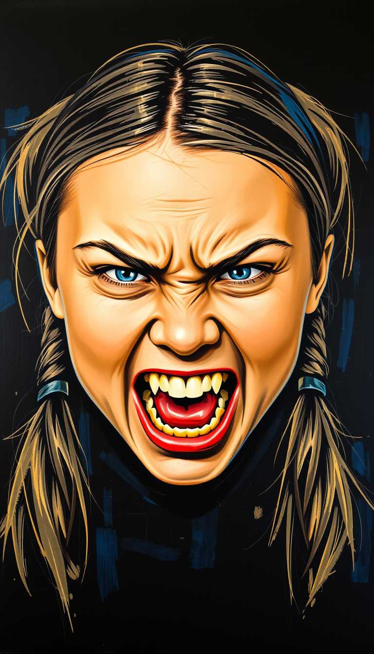 An image of a vibrant fluorescent Blue and Beige portrait of an enraged female teenager head with bold, expressive brushstrokes and dynamic graffiti-inspired outlines. Pigtails. The teenager's eyes blaze with fury, its pupils constricted, while its teeth are bared in a fierce, aggressive snarl. The background is a dark black, style painting. Highly detailed, perfect wide long shot visual masterpiece;