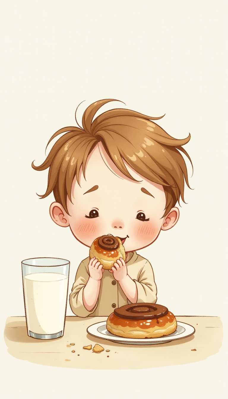 Whimsical child character illustration, hand-drawn style, minimalist color palette, delicate line work, soft watercolor-like fills, quirky proportions, sketch-like quality, pastel or muted tones, simple yet expressive, loose artistic rendering, sitting at a table eating a cinnamon bun with a big glass of milk next to them, spilling crumbs on the table, character with happy and slightly off-kilter design