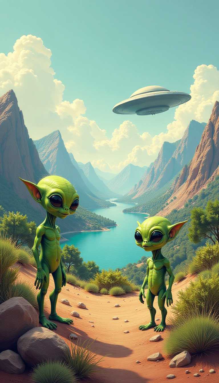 An oil painting style illustration of a landscape with alien creatures and a saucer. The foreground contains alien creatures with large eyes and green skin. They are standing near a saucer-shaped object. The background contains a serene landscape with mountains, trees, and a body of water. The sky is clear with a few clouds. The overall image has a warm hue.