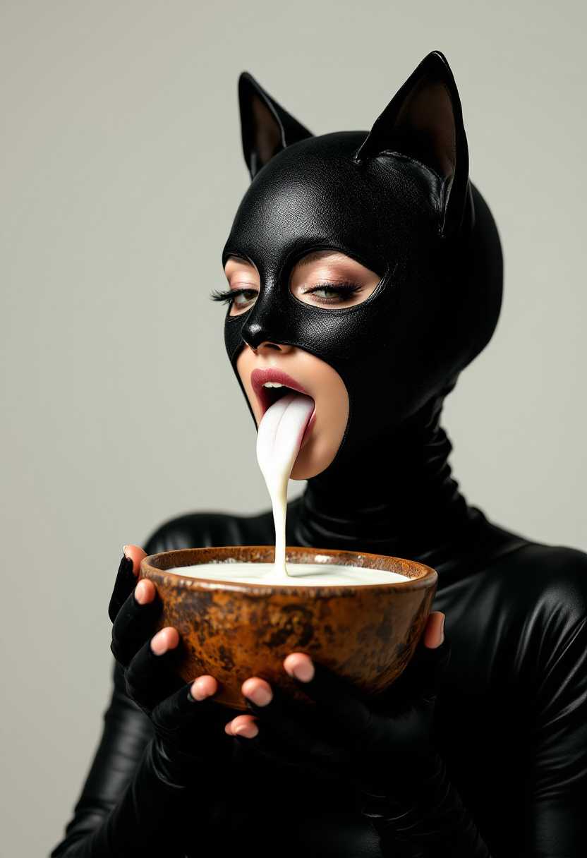This image features a woman dressed in a detailed black cat costume, including a mask that covers the eyes and ears. The costume has a sleek, glossy appearance, with a texture that suggests a leatherlike material. The person is holding a bowl with both hands, which has a rustic, earthenware look with a brownish patina and a rough, matte finish. The bowl contains a white liquid, which is being lapped up by the persons tongue, creating a dynamic and somewhat humorous interaction between the character and the bowl.The art style of the image is realistic with a touch of stylization, particularly in the exaggerated features of the costume and the dramatic pose of the character. The lighting in the image is soft and diffused, casting gentle shadows and highlights that give depth to the scene. The colors are muted, with the black of the costume standing out against the neutral tones of the background and the earthy brown of the bowl.The medium of the image appears to be digital photography, given the sharpness and clarity of the details, as well as the smooth color gradients and lack of texture that might be present in a traditional painting. The watermark lyn is visible in the bottom right corner, indicating ownership or authorship of the image.Overall, the image is a playful and creative interpretation of a cat costume interacting with a bowl, likely intended to evoke humor and whimsy.