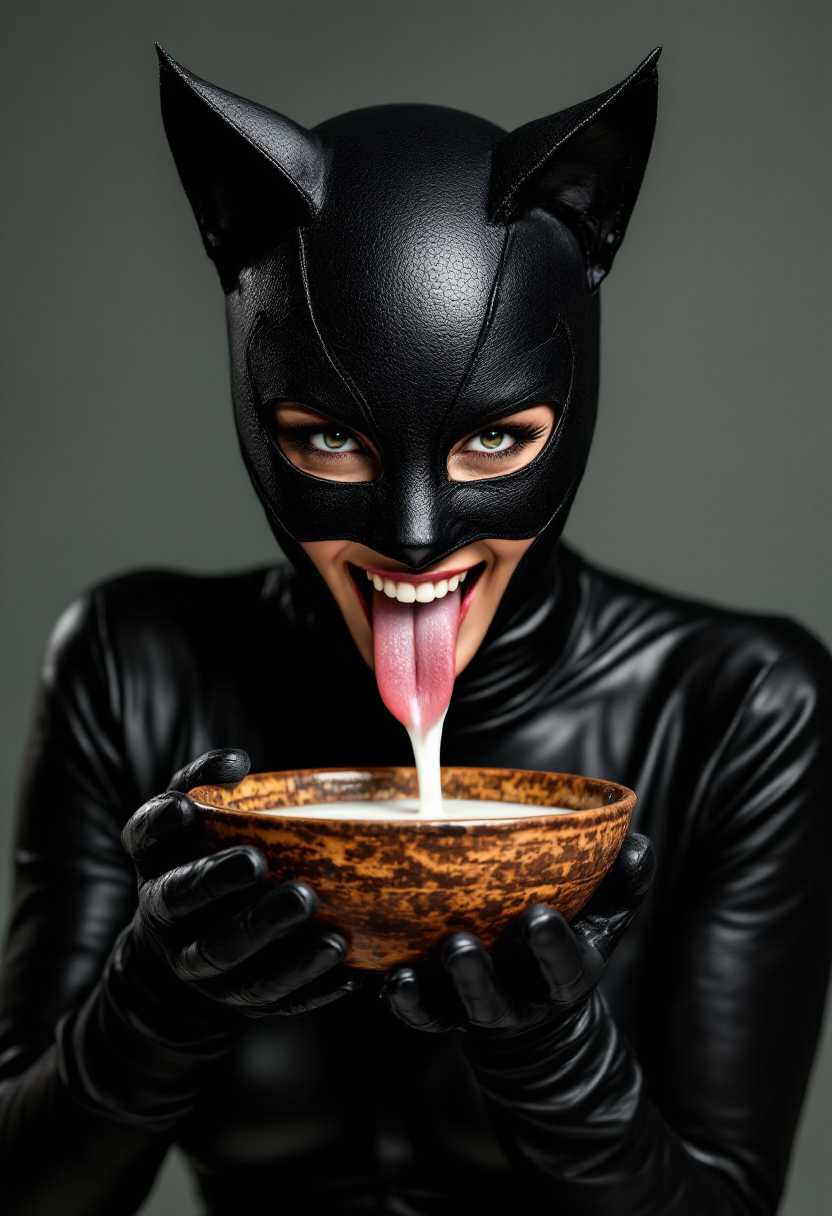 This image features a woman dressed in a detailed black cat costume, including a mask that covers the eyes and ears. The costume has a sleek, glossy appearance, with a texture that suggests a leatherlike material. The person is holding a bowl with both hands, which has a rustic, earthenware look with a brownish patina and a rough, matte finish. The bowl contains a white liquid, which is being lapped up by the persons tongue, creating a dynamic and somewhat humorous interaction between the character and the bowl.The art style of the image is realistic with a touch of stylization, particularly in the exaggerated features of the costume and the dramatic pose of the character. The lighting in the image is soft and diffused, casting gentle shadows and highlights that give depth to the scene. The colors are muted, with the black of the costume standing out against the neutral tones of the background and the earthy brown of the bowl.The medium of the image appears to be digital photography, given the sharpness and clarity of the details, as well as the smooth color gradients and lack of texture that might be present in a traditional painting. The watermark lyn is visible in the bottom right corner, indicating ownership or authorship of the image.Overall, the image is a playful and creative interpretation of a cat costume interacting with a bowl, likely intended to evoke humor and whimsy.