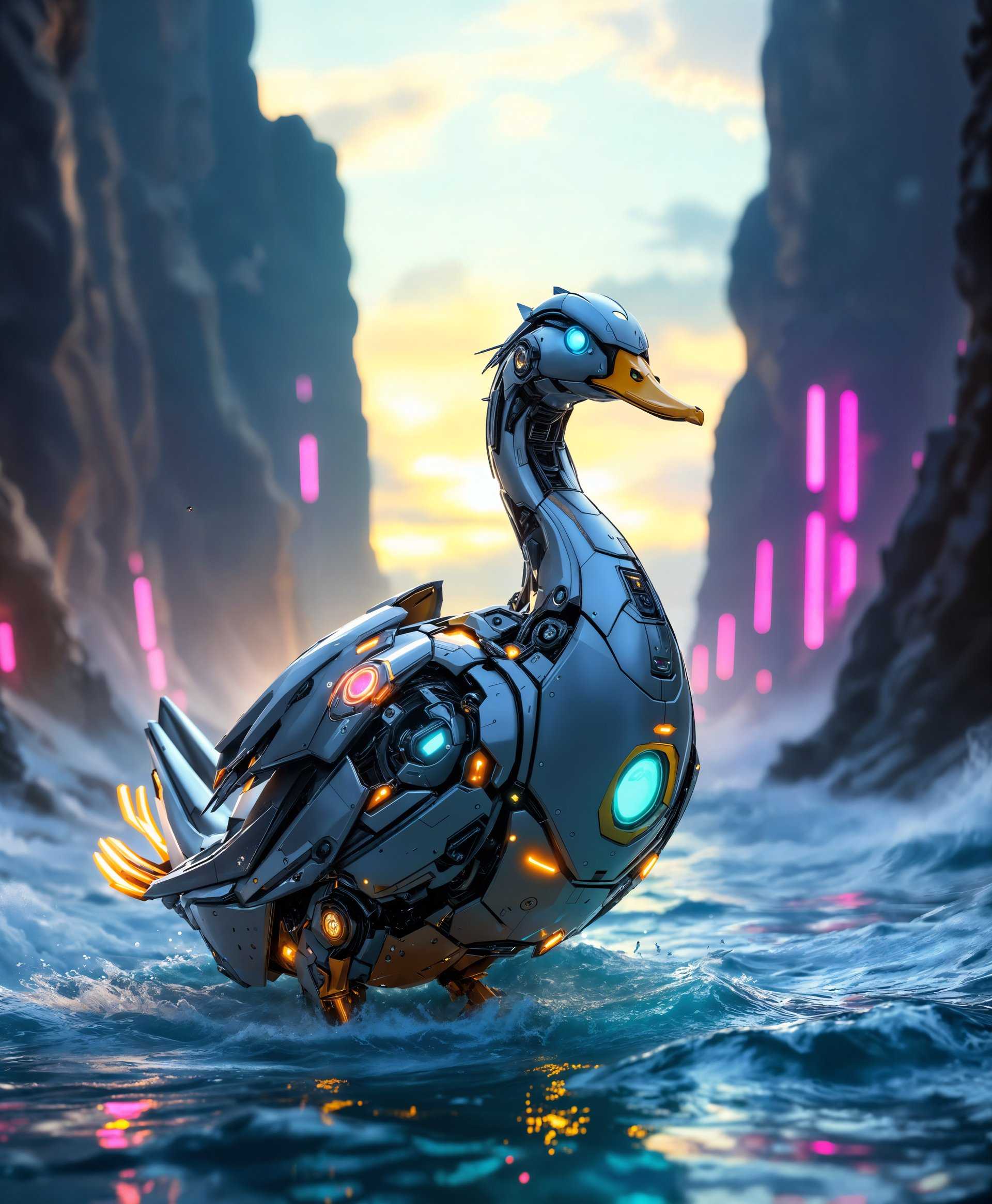 masterpiece, best quality, highres, sharp image, more detail, masterpiece, best quality, highres, sharp image, more detail, **Subject**: A majestic mecha duck, constructed from sleek, high-tech materials like titanium and carbon fiber, with intricate mechanical details on its wings, beak, and feet.

**Setting**: Amidst a futuristic wild sea, with towering waves and a horizon that blends advanced technology with nature. The water is a vibrant mix of blues and greens, shimmering with digital-like patterns.

**Style**: Photorealistic with cyberpunk influences, reminiscent of Syd Mead's futuristic designs, showcasing a blend of organic and mechanical elements.

**Composition**: 
- **Framing**: Wide shot to capture the grandeur of the scene, with the mecha duck positioned slightly off-center for dynamic balance.
- **Camera Angle**: Low angle to emphasize the towering presence of the mecha duck against the wild sea.
- **Lighting**: Dusk lighting with neon accents reflecting off the water, highlighting the metallic surfaces of the duck, and creating a dramatic, almost ethereal atmosphere.

**Mood/Atmosphere**: 
- **Time**: Late evening, with the sky transitioning from sunset to night, stars beginning to appear.
- **Weather**: A storm is brewing, with dark clouds on the horizon, but the immediate area around the duck is calm, creating a contrast between peace and impending chaos.
- **Ambiance**: The scene exudes a sense of isolation, with the mecha duck as the sole guardian of this futuristic wilderness, its mechanical nature juxtaposed against the natural environment.

**Technical Aspects**: 
- **Focus**: Shallow depth of field to focus on the mecha duck while the background details of the sea and sky are slightly blurred, emphasizing the subject.
- **Lens**: Use of a wide-angle lens to capture the expansive sea and the detailed machinery of the duck.
- **Color Palette**: Cool tones dominate, with occasional warm highlights from the setting sun and neon lights.

**Keywords for Cohesion**: Futuristic, mecha, wild sea, cyberpunk, photorealistic, high-tech, natural elements, dramatic lighting, mechanical detail, serene yet ominous atmosphere.