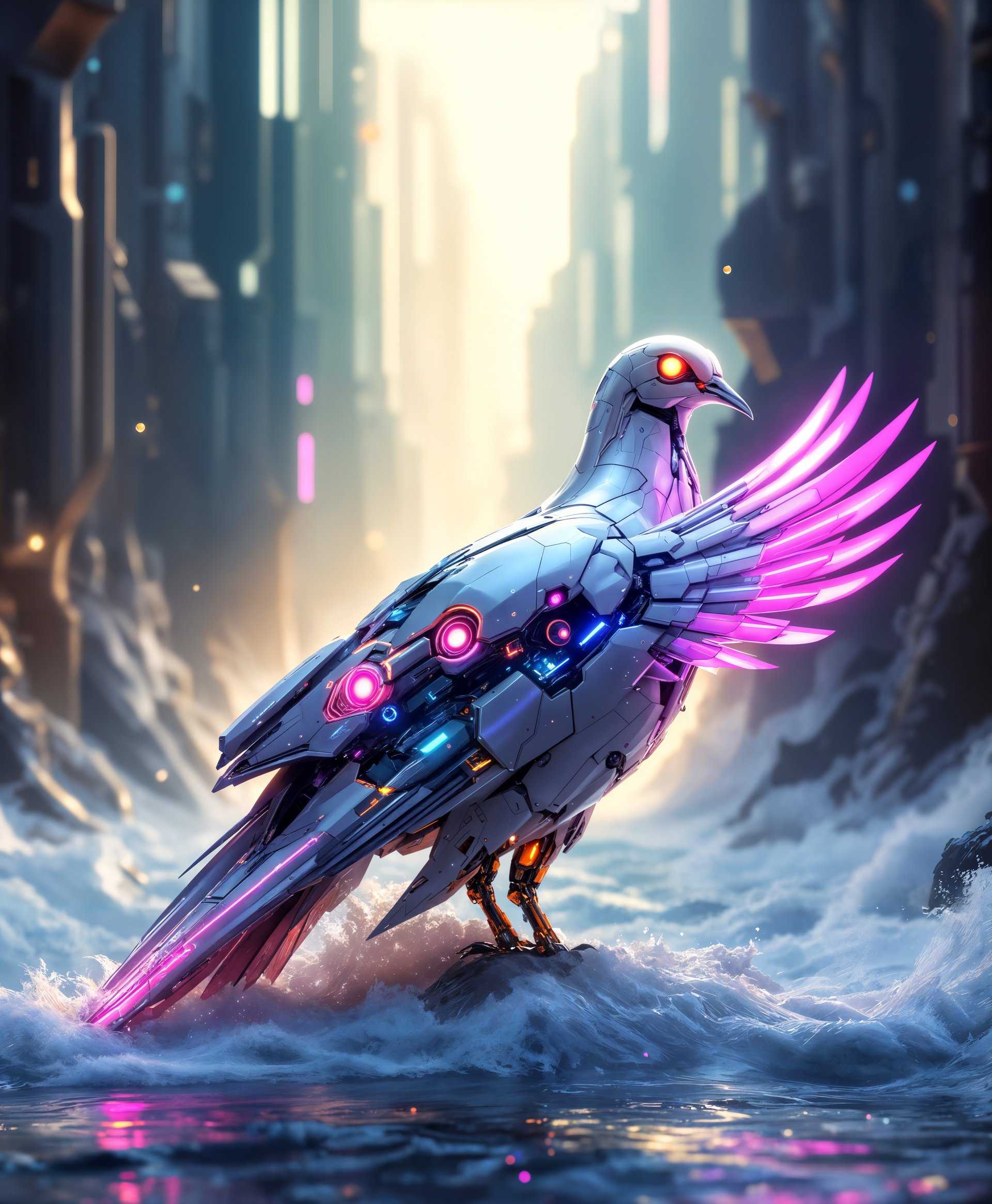 masterpiece, best quality, highres, sharp image, more detail, masterpiece, best quality, highres, sharp image, more detail, In the heart of the **futuristic wild sea**, where waves crash against towering, metallic structures and the air is thick with mist and the hum of technology, stands a **highly detailed mecha Dove**. This is not just any Dove; its body is a marvel of **cybernetic engineering**, with sleek, aerodynamic curves and a chassis of polished, iridescent metal that reflects the **vivid neon glow** of the surrounding environment. 

- **Visual Details**: The mecha Dove's feathers are crafted from **nano-fiber optics**, shimmering with colors that shift from electric blue to deep magenta. Its eyes are **glowing orbs of light**, scanning the environment with precision. The texture of the mecha's surface is intricate, with **etched patterns** reminiscent of ancient circuit boards, and its wings are **folded**, yet poised for flight, showing off the **complex internal mechanisms**.

- **Style**: The portrait captures this scene in a **hyper-realistic style**, with elements of **cyberpunk aesthetics** - think of Ridley Scott's 'Blade Runner' meets the detailed, mechanical beauty of Hajime Sorayama's work. 

- **Composition**: The mecha Dove is centered in the frame, with its head turned slightly to the side, giving a profile view that highlights its beak and the intricate details of its face. The background is a blur of **futuristic wild sea**, with towering structures and the ocean's expanse, creating a **bokeh effect** that focuses the viewer's attention on the Dove.

- **Mood and Atmosphere**: The atmosphere is **eerie yet serene**, with the **dusk light** casting long shadows and the sea's mist diffusing the neon lights into a soft, otherworldly glow. The scene feels like a moment of calm in a technologically advanced world, with an underlying tension of the unknown.

- **Technical Aspects**: The portrait employs **high dynamic range** (HDR) to capture the contrast between the dark, reflective surfaces of the mecha and the bright, neon-lit environment. The **depth of field** is shallow, focusing sharply on the Dove while the background fades into a soft, abstract blur. 

- **Cohesion**: All elements - the futuristic setting, the hyper-detailed mecha, the lighting, and the composition - work together to create a scene that feels both fantastically advanced and eerily plausible, inviting the viewer into a world where technology and nature coexist in a delicate balance.