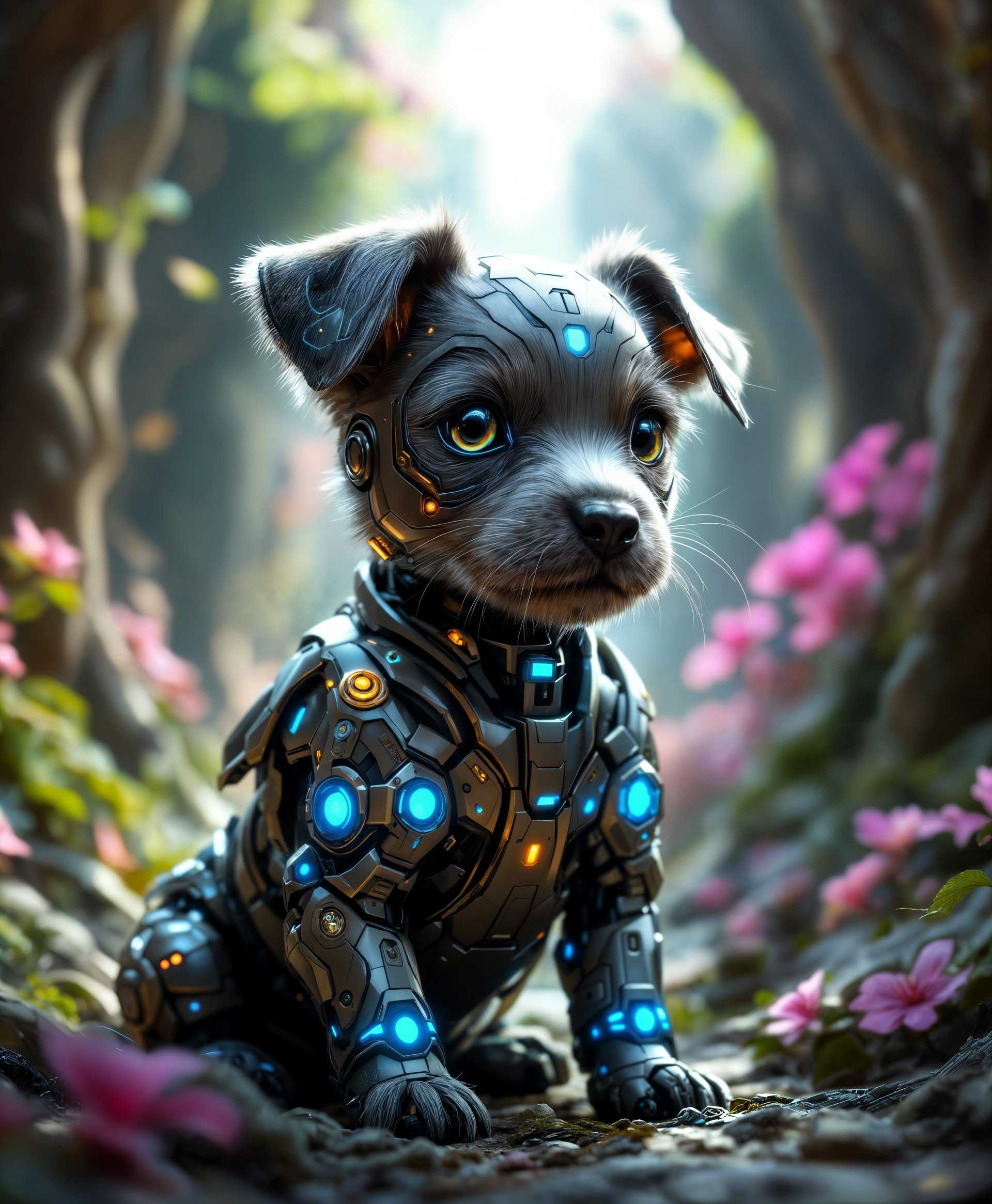 masterpiece, best quality, highres, sharp image, more detail, masterpiece, best quality, highres, sharp image, more detail, A highly detailed, photorealistic portrait of a **mecha puppy** in a **futuristic wilderness**: 

- **Visual Details**: The mecha puppy has sleek, metallic armor with intricate engravings that resemble circuitry patterns, glowing blue accents where its eyes, joints, and core would be, reflecting an advanced, high-tech design. The fur is subtly suggested through fine, mechanical fibers that mimic the texture of real puppy fur. 

- **Colors**: The mecha puppy's body is primarily a deep, metallic gray with accents of vibrant neon blue for its mechanical parts. The environment around it features muted earth tones with splashes of unnatural, futuristic colors like electric green and magenta in the flora.

- **Lighting**: A soft, natural light filters through an alien-like canopy above, casting dappled light and creating reflections on the mecha puppy's metallic surface. 

- **Style**: The image should evoke a **cyberpunk aesthetic**, blending organic elements with high-tech machinery, reminiscent of Syd Mead's futuristic designs but with a touch of fantasy.

- **Composition**: The mecha puppy is the focal point, positioned slightly off-center, looking towards the camera with an inquisitive expression. The background is filled with towering, twisted trees and strange, luminescent plants that create a sense of depth and scale, emphasizing the vastness of the wild.

- **Mood and Atmosphere**: The scene exudes a sense of wonder and slight unease, capturing the beauty and the unknown of a future where technology has infiltrated even the most remote natural environments. The atmosphere is slightly misty, with a cool, ethereal glow from the alien flora.

- **Technical Aspects**: Use a **shallow depth of field** to focus on the mecha puppy, with a **macro lens** effect to capture the intricate details of its mechanical parts. The image should have a **cinematic quality**, with a **wide dynamic range** to highlight the contrast between the natural and the artificial.

- **Cohesion**: All elements should work together to create an immersive, believable scene where advanced technology and nature coexist in a harmonious, yet eerie, balance.