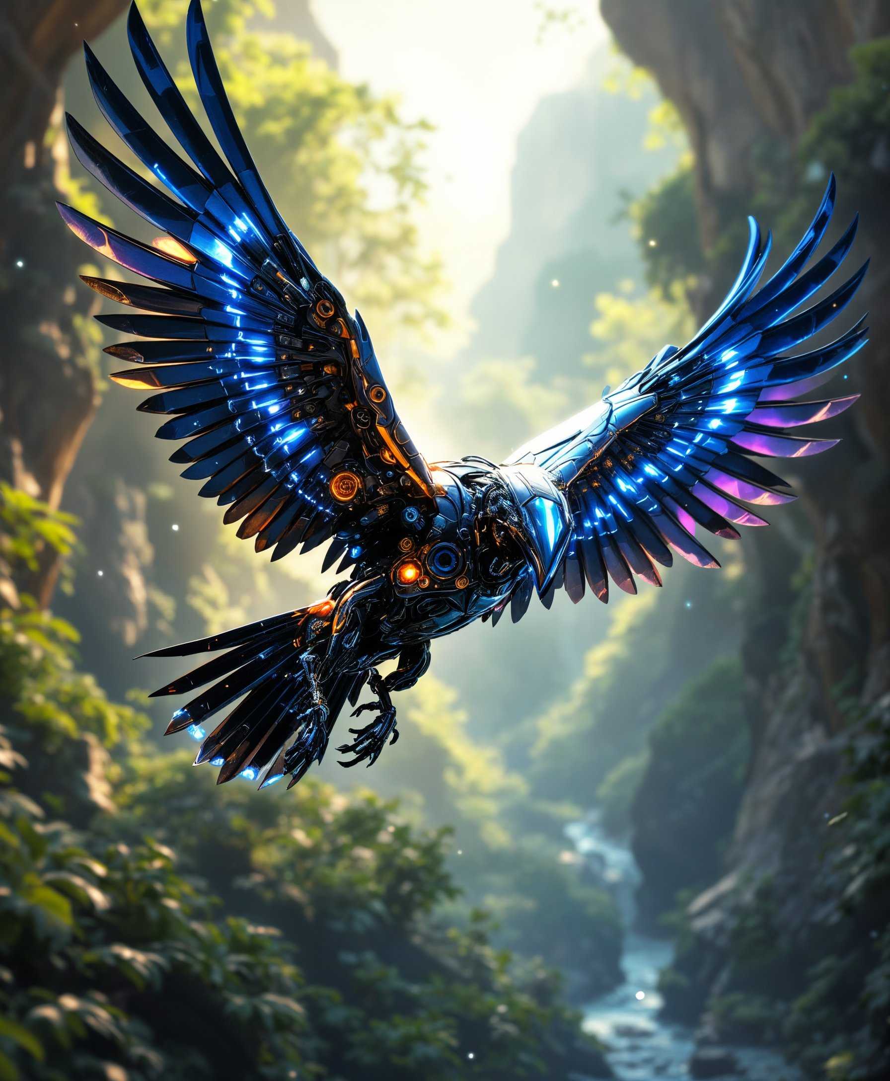 masterpiece, best quality, highres, sharp image, more detail, Create a hyperrealistic portrait of a **mecha Crow** in flight amidst the **futuristic wild**. 

- **Visual Details**: 
  - The mecha Crow should feature intricate mechanical details with visible gears, pistons, and glowing blue energy circuits running through its structure. 
  - Its metallic feathers should shimmer with a spectrum of iridescent colors under the sunlight.
  - The landscape below should be a blend of nature reclaimed by technology, with lush greenery intertwined with metallic structures and holographic elements.

- **Style**: 
  - Employ a **cyberpunk** aesthetic, combining the organic with the mechanical in a seamless fusion.
  - Utilize **photorealistic rendering** with a touch of **neon noir** to highlight the contrast between nature and technology.

- **Composition**: 
  - The mecha Crow should be the central focus, flying towards the viewer with its wings spread wide, capturing the motion and power of its flight.
  - The background should be slightly blurred to emphasize the subject, with a low angle shot to make the Crow appear majestic and imposing.

- **Mood and Atmosphere**: 
  - Set the scene during a **twilight hour**, where the fading light casts long, dramatic shadows and illuminates the neon elements in the environment.
  - The atmosphere should evoke a sense of **mystery and awe**, with a quiet, almost serene wilderness punctuated by the hum of distant machinery.

- **Technical Aspects**: 
  - Use **depth of field** to separate the subject from the background, focusing sharply on the mecha Crow while the surrounding landscape blurs into a soft, atmospheric glow.
  - Incorporate **bokeh effects** from distant city lights or holographic displays to add depth and visual interest.

- **Cohesion**: 
  - Ensure the integration of the mecha Crow with the futuristic wild feels natural, where technology has become a part of the ecosystem, enhancing rather than detracting from the natural beauty.