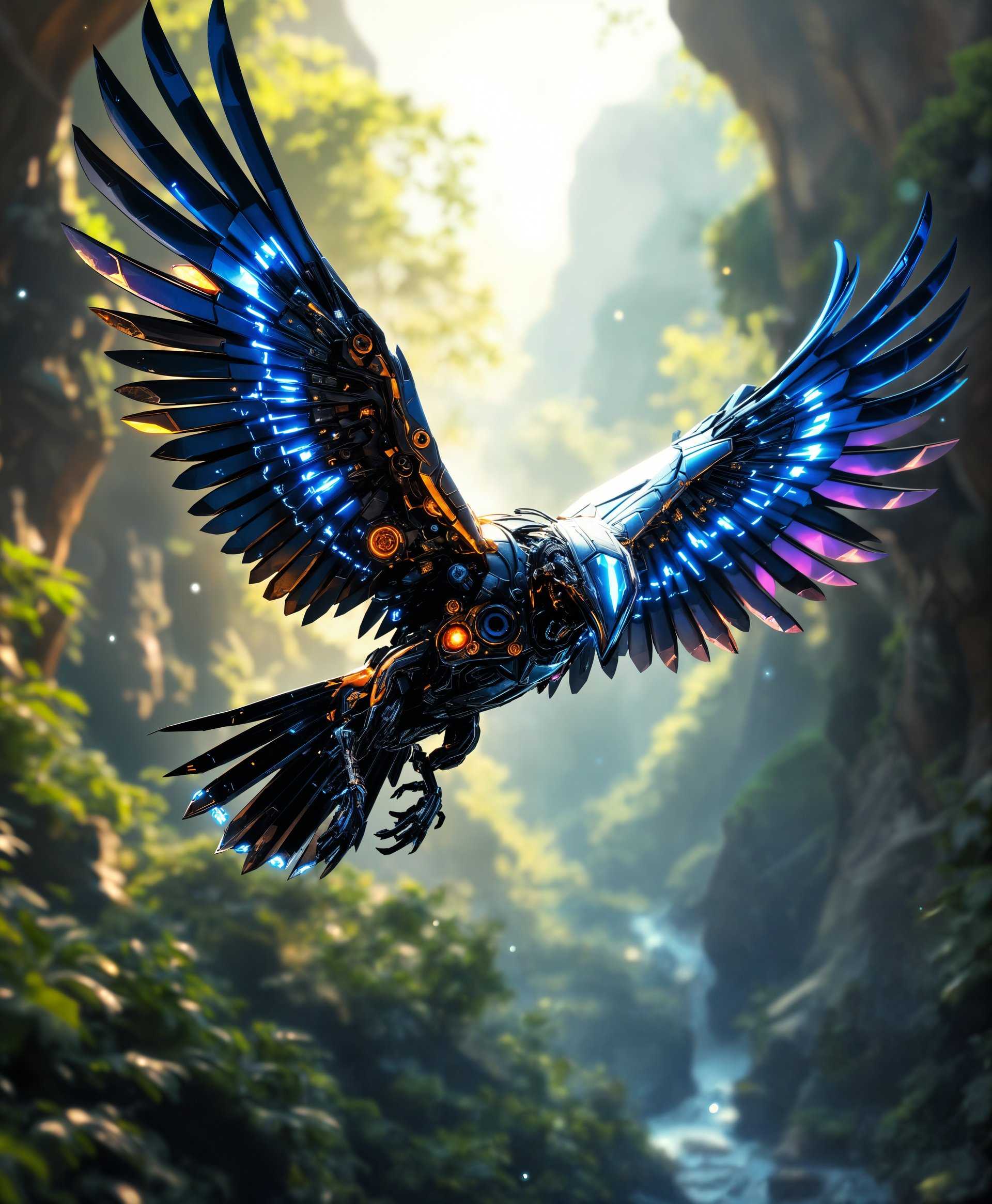 masterpiece, best quality, highres, sharp image, more detail, masterpiece, best quality, highres, sharp image, more detail, Create a hyperrealistic portrait of a **mecha Crow** in flight amidst the **futuristic wild**. 

- **Visual Details**: 
  - The mecha Crow should feature intricate mechanical details with visible gears, pistons, and glowing blue energy circuits running through its structure. 
  - Its metallic feathers should shimmer with a spectrum of iridescent colors under the sunlight.
  - The landscape below should be a blend of nature reclaimed by technology, with lush greenery intertwined with metallic structures and holographic elements.

- **Style**: 
  - Employ a **cyberpunk** aesthetic, combining the organic with the mechanical in a seamless fusion.
  - Utilize **photorealistic rendering** with a touch of **neon noir** to highlight the contrast between nature and technology.

- **Composition**: 
  - The mecha Crow should be the central focus, flying towards the viewer with its wings spread wide, capturing the motion and power of its flight.
  - The background should be slightly blurred to emphasize the subject, with a low angle shot to make the Crow appear majestic and imposing.

- **Mood and Atmosphere**: 
  - Set the scene during a **twilight hour**, where the fading light casts long, dramatic shadows and illuminates the neon elements in the environment.
  - The atmosphere should evoke a sense of **mystery and awe**, with a quiet, almost serene wilderness punctuated by the hum of distant machinery.

- **Technical Aspects**: 
  - Use **depth of field** to separate the subject from the background, focusing sharply on the mecha Crow while the surrounding landscape blurs into a soft, atmospheric glow.
  - Incorporate **bokeh effects** from distant city lights or holographic displays to add depth and visual interest.

- **Cohesion**: 
  - Ensure the integration of the mecha Crow with the futuristic wild feels natural, where technology has become a part of the ecosystem, enhancing rather than detracting from the natural beauty.