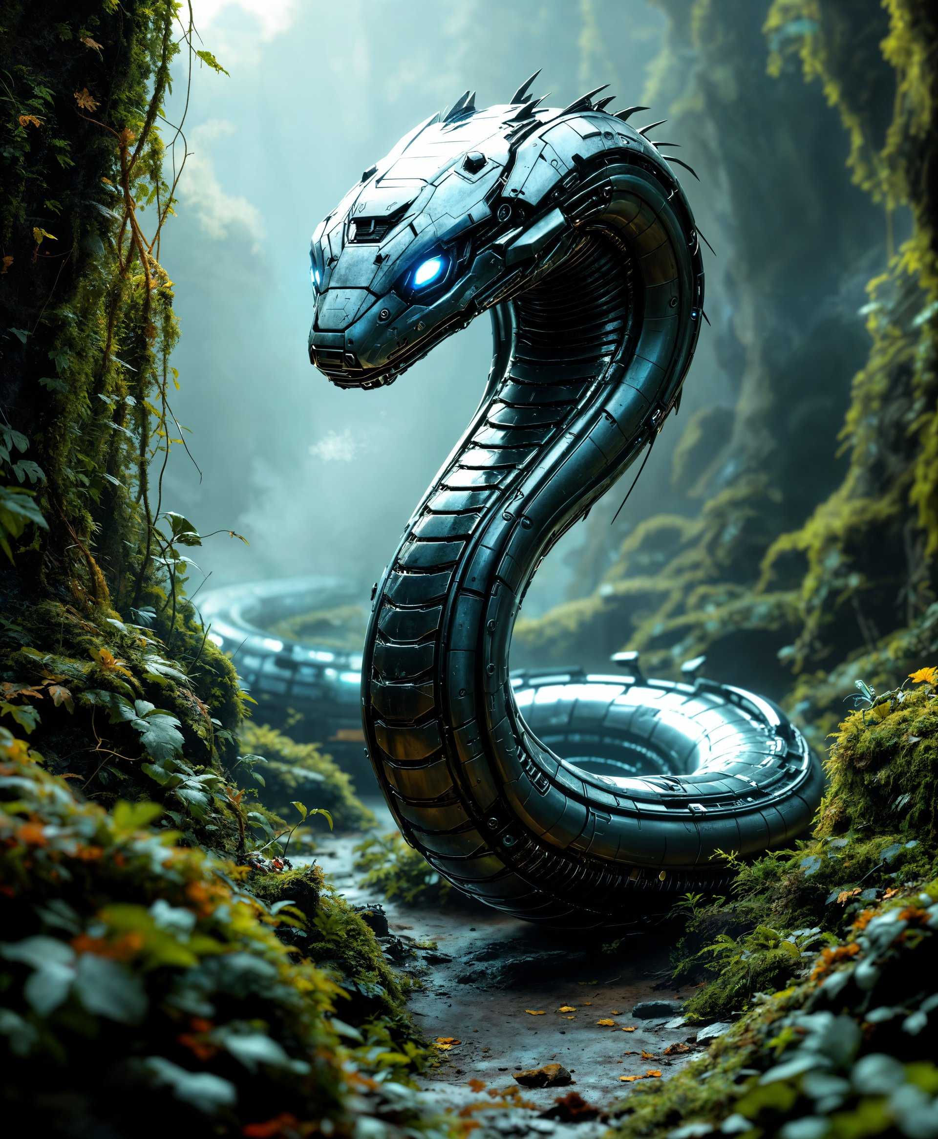 masterpiece, best quality, highres, sharp image, more detail, masterpiece, best quality, highres, sharp image, more detail, Create a highly detailed digital art portrait of a **mecha Cobra**, showcasing its sleek, metallic body with a combination of polished chrome and weathered steel textures. The scene is set in a **futuristic wild landscape**, where the remnants of civilization are overtaken by lush, untamed vegetation. 

**Visual Details:**
- The mecha Cobra's scales are individually articulated, each reflecting light differently, creating a dynamic play of light and shadow.
- Its eyes glow with an eerie neon blue, cutting through the dense foliage.
- Mechanical enhancements are visible, including hydraulic pistons for movement and exhaust vents expelling steam or vapor.
- The environment features overgrown vines, moss, and rust, contrasting with the high-tech elements of the mecha.

**Style:**
- The artwork should mimic the style of **cyberpunk**, with a nod to the detailed, almost hyper-realistic rendering of concept art for video games or sci-fi films.

**Composition:**
- The Cobra is positioned centrally, its head raised in a threatening posture, looking directly at the viewer.
- The camera angle is low, looking up at the mecha to emphasize its imposing size and power.
- The background shows a distant skyline of a forgotten city, barely visible through the overgrowth.

**Mood and Atmosphere:**
- The lighting is twilight, casting long shadows and highlighting the reflective surfaces of the mecha.
- The atmosphere is humid, with a slight mist in the air, enhancing the sense of a forgotten, reclaimed world.
- The overall mood is one of awe, with an underlying tension between nature's reclamation and technological dominance.

**Technical Aspects:**
- Use **depth of field** to focus on the mecha while allowing the background to blur slightly, creating a sense of depth.
- Employ **HDRI lighting** to capture the nuanced reflections and lighting on the metallic surfaces.
- The image should have a **high dynamic range** to showcase both the dark shadows and bright highlights effectively.

**Cohesion:**
- Every element, from the mecha's design to the environment, should convey a story of a world where nature and technology coexist in an uneasy balance, creating a visually compelling and narratively rich scene.