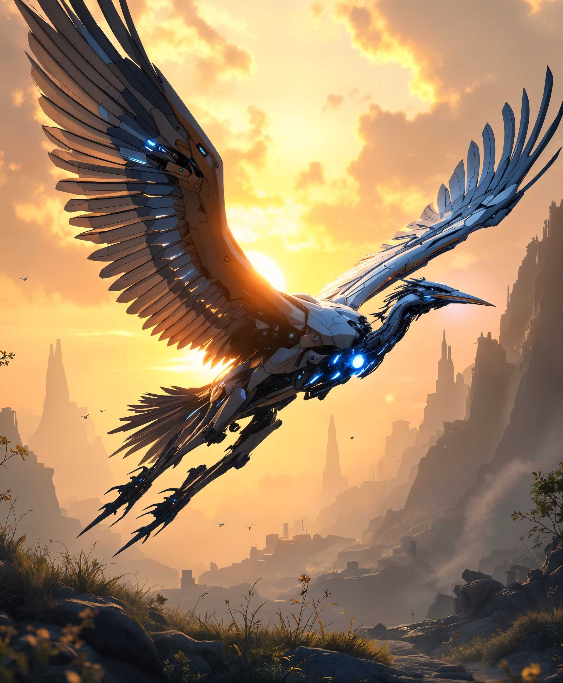 masterpiece, best quality, highres, sharp image, more detail, masterpiece, best quality, highres, sharp image, more detail, Generate an image of a **highly detailed portrait** of a **mecha Crane**, its sleek, metallic body gleaming under the soft, golden rays of a setting sun. The crane's design is a blend of **traditional crane aesthetics** with **futuristic elements**: intricate, mechanical feathers, glowing blue energy lines, and advanced propulsion systems. It's **flying** with an air of grace and power through a **futuristic wild landscape** - a mix of lush, overgrown flora and scattered, high-tech ruins. 

**Style:** The image should evoke a **cyberpunk** atmosphere, reminiscent of Syd Mead's detailed, futuristic illustrations, but with a touch of **studio Ghibli**'s organic, whimsical charm. 

**Composition:** Capture the mecha Crane in mid-flight from a **low angle**, emphasizing its dominance in the sky. The crane's beak is slightly open, perhaps emitting a soft, blue light, symbolizing its call or some form of communication. The background should feature a **dramatic skyline** with towering, futuristic structures partly reclaimed by nature.

**Mood and Atmosphere:** The scene should convey a **sense of adventure** and **melancholy beauty**, with the sun setting behind the mecha Crane, casting long, dramatic shadows across the landscape. The atmosphere is **misty**, with the air filled with a light, ethereal glow from the setting sun.

**Technical Aspects:** Use **soft focus** for the background to contrast with the **sharp, detailed rendering** of the mecha Crane. Employ **dynamic lighting** to highlight the crane's mechanical features, and **bokeh effects** for distant lights in the futuristic ruins, creating a **depth of field** that draws the eye to the subject.