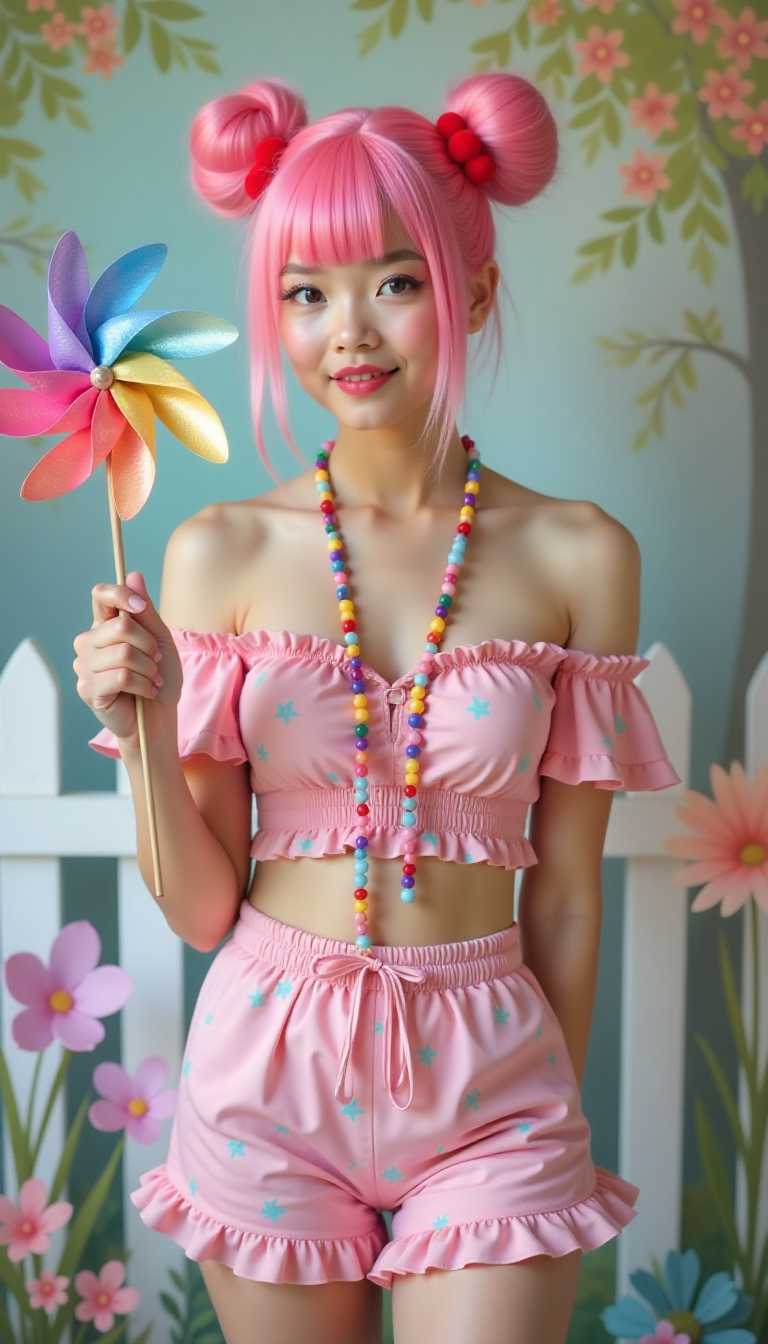 This image features a subject with pink hair styled in two buns with red pompoms, standing against a painted backdrop that resembles a soft, dreamy garden scene. The subject is wearing a playful, offtheshoulder pink top with a floral pattern and ruffled edges, paired with matching ruffled shorts that have a similar floral design. A whimsical accessory is a long, colorful beaded necklace with various shapes and sizes of beads, which adds a pop of color to the ensemble.The subject is holding a pinwheel, which has a vibrant array of colors including purple, blue, yellow, and pink, with a shiny, iridescent finish. The pinwheels design is intricate, with multiple blades that catch the light, giving it a dynamic and playful appearance.The art style of the image is soft and dreamy, with a romantic and whimsical feel. The medium appears to be a painted canvas, given the texture and brush strokes visible in the background. The colors are pastel and muted, with a predominance of pinks, purples, and greens, creating a serene and tranquil atmosphere. The objects in the image, aside from the subject and the pinwheel, are the painted flowers and foliage in the background, which add to the dreamy quality of the scene. The white picket fence in the background also contributes to the idyllic, gardenlike setting.