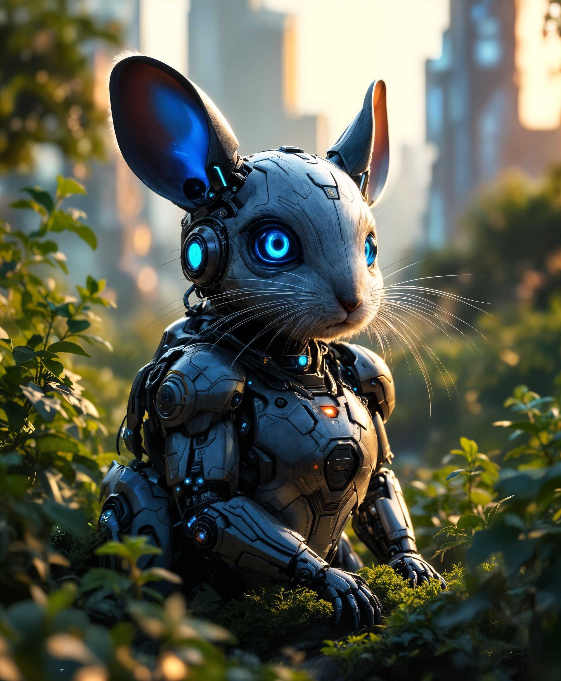 masterpiece, best quality, highres, sharp image, more detail, masterpiece, best quality, highres, sharp image, more detail, Create a highly detailed portrait of a mecha Chinchilla in the futuristic wild, where:

- **Subject**: The mecha Chinchilla is a fusion of organic and mechanical elements, with sleek, metallic fur that reflects the light in a prismatic array of colors, intricate circuitry patterns etched into its skin, and glowing blue eyes that convey intelligence and curiosity. Its mechanical parts are articulated and designed to mimic the fluidity of natural movement, yet possess a distinctly futuristic aesthetic with angular lines and neon highlights.

- **Setting**: The environment is a rewilded future landscape, where nature has reclaimed urban structures. Overgrown skyscrapers are intertwined with lush, bioluminescent flora, creating a surreal backdrop. The scene is set during the golden hour, casting long shadows and warm light that contrasts with the cool tones of the mecha Chinchilla.

- **Style**: The image should adopt a cyberpunk aesthetic, blending the gritty realism of urban decay with the vibrant, neon-infused technology. The style should evoke the work of Syd Mead, with clean lines, detailed mechanical parts, and a high contrast between light and dark. 

- **Composition**: The mecha Chinchilla is positioned centrally, facing slightly to the side, its gaze directed toward an unseen horizon. The camera angle is low, looking up at the creature to emphasize its grandeur and to showcase the intricate details of its mechanical body against the expansive, wild backdrop. 

- **Mood and Atmosphere**: There's a sense of tranquility mixed with the awe of technological advancement. The air is filled with soft mist, and the ambient light from the setting sun interacts with the mechanical parts, creating a serene yet futuristic atmosphere. 

- **Technical Aspects**: Utilize depth of field to focus sharply on the mecha Chinchilla while allowing the background to blur slightly, enhancing the subject's prominence. Employ HDR techniques to capture the wide dynamic range between the bright, neon lights of the mecha Chinchilla and the darker, overgrown urban environment.

- **Cohesion**: Every element, from the detailed mechanical parts of the Chinchilla to the rewilded urban landscape, works together to create a believable, immersive scene where technology and nature have harmoniously evolved into one. The contrast between the warm, natural light and the cool, technological glow of the mecha Chinchilla highlights this symbiosis.