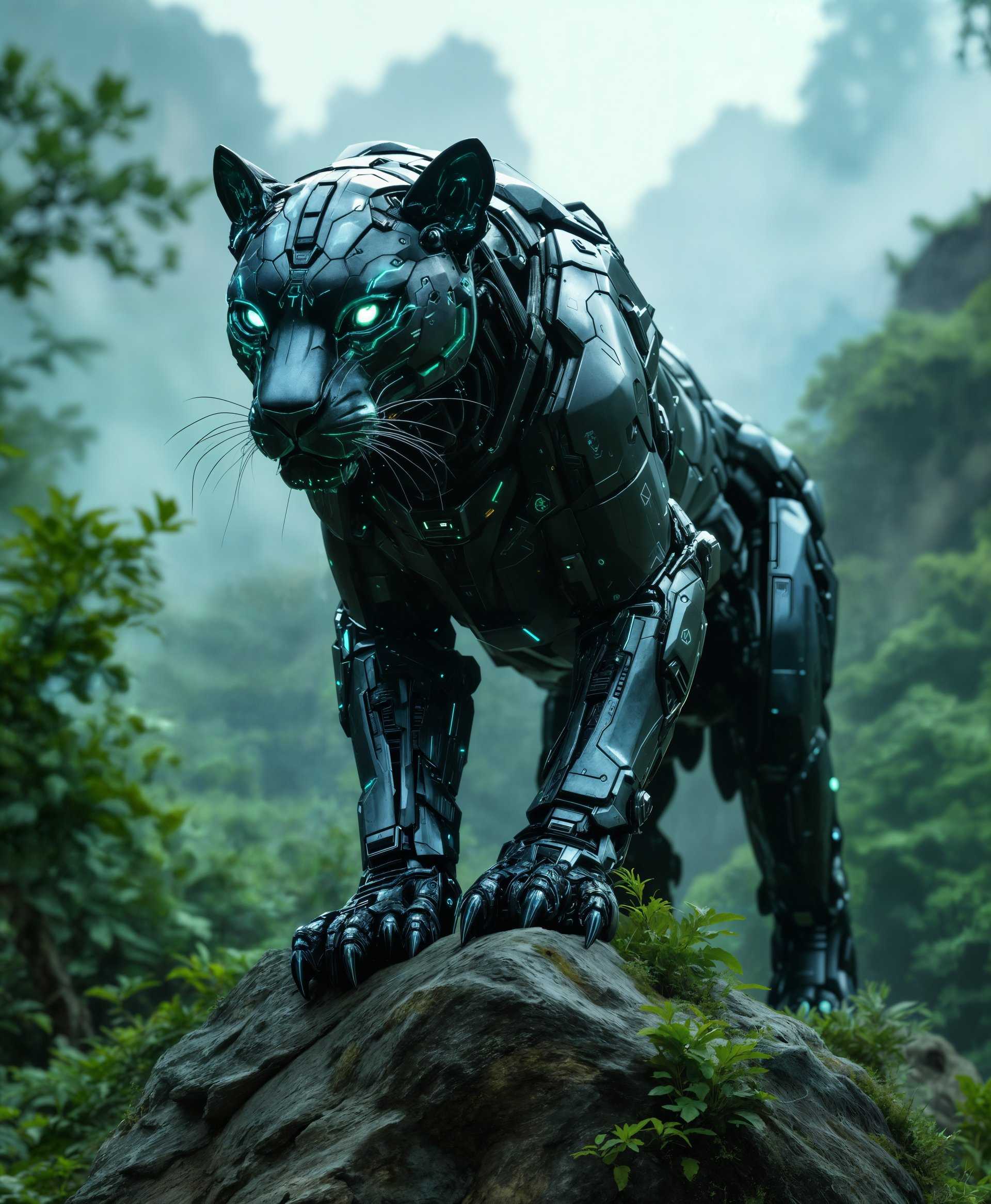 masterpiece, best quality, highres, sharp image, more detail, masterpiece, best quality, highres, sharp image, more detail, A highly detailed **portrait** of a **futuristic mecha Panther** in a **wild, overgrown landscape**:

**Visual Details:**
- The **mecha Panther** is sleek, with a **metallic sheen** in shades of **dark steel and vibrant accents** of neon blue and green. 
- Its **eyes** gleam with an **intelligent light**, reflecting the lush greenery around.
- **Intricate engravings** and **circuit patterns** adorn its body, mimicking the natural patterns of a panther's fur.

**Style:** 
- **Cyberpunk** with **hyper-realistic** elements, reminiscent of **H.R. Giger's biomechanical art**.

**Composition:** 
- The **mecha Panther** is **posed** majestically, **standing on a rock** overlooking a **foggy valley** with dense, **futuristic vegetation**.
- The **camera angle** is **slightly low**, looking up at the beast, emphasizing its **imposing presence** and the **mystical atmosphere**.

**Mood and Atmosphere:**
- The scene exudes a **mysterious and awe-inspiring** vibe, with **soft, diffused light** filtering through a **canopy of cybernetic trees**.
- The **time of day** is **twilight**, with **bioluminescent flora** adding to the **otherworldly feel**.

**Technical Aspects:**
- **Depth of field** focuses sharply on the **mecha Panther**, with the background slightly blurred to enhance its **majestic isolation**.
- **HDRI lighting** techniques are used to capture the **contrast** between the mechanical and organic elements, creating a **hyper-realistic** scene with **high dynamic range**.

**Cohesion:**
- The **futuristic wild** is a **seamless blend** of **nature and technology**, where the **mecha Panther** appears both **out of place** yet **perfectly integrated** into its environment.