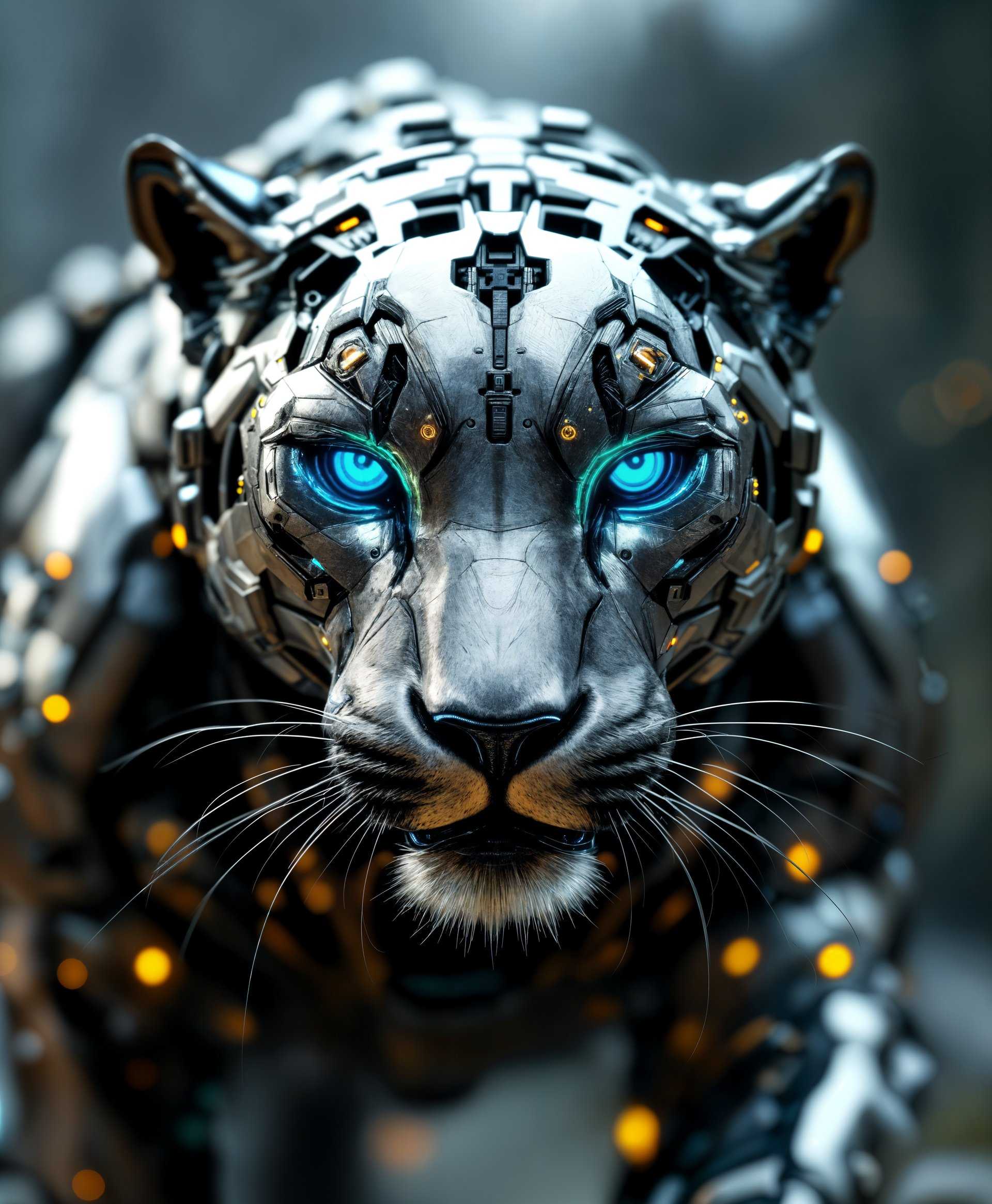 masterpiece, best quality, highres, sharp image, more detail, masterpiece, best quality, highres, sharp image, more detail, **Subject**: A highly detailed, futuristic mecha Jaguar

**Visual Details**: 
- **Fur Texture**: The metallic fur should mimic the sleek, glossy appearance of real jaguar fur, with each strand reflecting light in a way that suggests advanced technology.
- **Colors**: The primary color palette should be metallic silver, with accents of neon blue and green, highlighting the electronic circuits running beneath the fur.
- **Eyes**: Glowing neon blue with intricate mechanical pupils, showcasing a blend of organic and robotic elements.
- **Mechanical Parts**: Visible servos, gears, and pistons subtly integrated into the body, with a slight glow from internal energy sources.

**Artistic Style**: 
- **Cyberpunk**: Incorporate elements typical of cyberpunk aesthetics, with a blend of high-tech and organic elements, creating a contrast between nature and technology.

**Composition**: 
- **Camera Angle**: Low angle shot to emphasize the grandeur and power of the mecha Jaguar, making it appear larger than life.
- **Framing**: The mecha Jaguar should be framed against a backdrop of a futuristic wild landscape, with towering, neon-lit trees and holographic flora.

**Mood and Atmosphere**: 
- **Time of Day**: Twilight, with the sky filled with vibrant colors of sunset, transitioning into the neon lights of the future city in the background.
- **Weather**: A light, neon-tinged mist hangs in the air, enhancing the mysterious and futuristic ambiance.
- **Ambiance**: The scene should evoke a sense of awe, with the mecha Jaguar appearing as a guardian or apex predator in this advanced, yet untamed environment.

**Technical Aspects**: 
- **Depth of Field**: Use a shallow depth of field to focus on the mecha Jaguar, with the background slightly blurred to emphasize the subject.
- **Lighting**: Use rim lighting to highlight the edges of the mecha, casting a soft glow around it, while the neon lights from the environment reflect off its metallic surface.

**Cohesion**: The mecha Jaguar must look as if it naturally belongs in this futuristic wild, with the integration of technology into its design appearing seamless and enhancing its predatory nature, creating a harmonious blend of organic and synthetic elements.