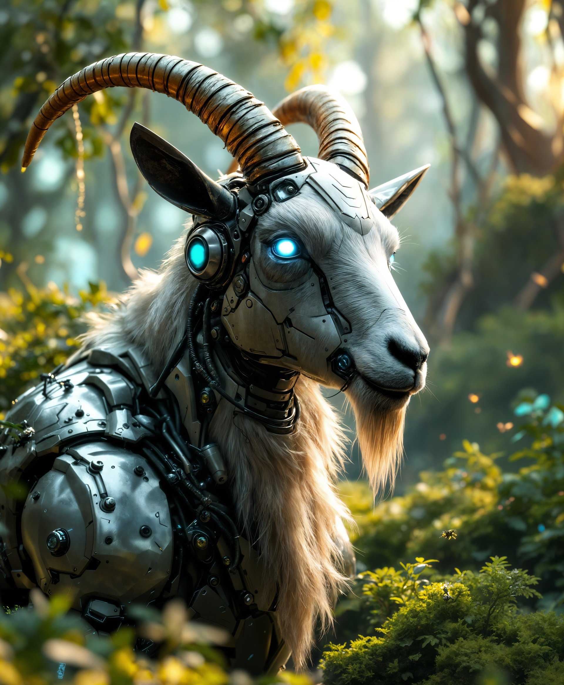 masterpiece, best quality, highres, sharp image, more detail, masterpiece, best quality, highres, sharp image, more detail, A highly detailed, ultra-realistic portrait of a mecha goat, with intricate mechanical parts and sleek, futuristic design elements, set in a lush, overgrown futuristic wilderness. The composition features:

- **Subject**: The mecha goat, with its steel exoskeleton reflecting a soft, golden hour light, its eyes glowing with an otherworldly blue. Its fur is a mix of metallic plates and synthetic fibers, giving a sense of both organic and artificial life.

- **Environment**: The background reveals a dense jungle of metallic trees and vines, intertwined with neon lights and holographic flora. The ground is covered in a carpet of electronic moss, with small robotic insects buzzing around.

- **Lighting**: Dappled sunlight filters through the artificial foliage, creating a contrast between the natural light and the artificial glow of the mecha goat's components.

- **Mood & Atmosphere**: The scene evokes a sense of serene coexistence between technology and nature, with a touch of mystery and wonder. The air is filled with the subtle hum of machinery, blending with the sounds of the wild.

- **Style**: Photorealistic with elements of sci-fi surrealism, inspired by the works of artists like Syd Mead, blending traditional wildlife art with futuristic concepts.

- **Composition**: The mecha goat stands prominently in the center, its gaze directed towards the viewer. The depth of field focuses on the goat, with the surrounding futuristic flora slightly blurred, creating a bokeh effect that highlights the subject.

- **Technical Aspects**: Utilize a shallow depth of field, high dynamic range imaging (HDRI) for realistic lighting, and ray tracing for accurate reflections and refractions on the mecha goat's metallic parts.

- **Cohesion**: All elements, from the lighting to the composition, work in harmony to create a believable yet fantastical scene where technology and nature have evolved together.
