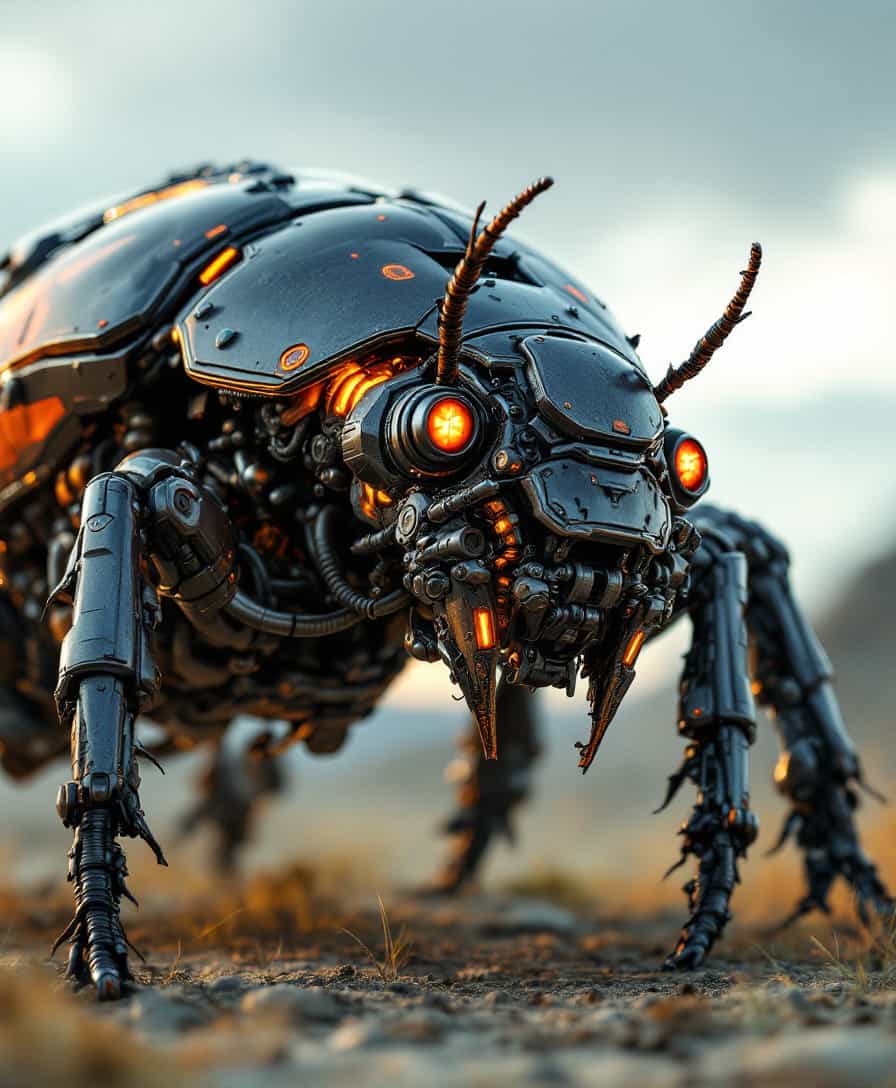 **Subject:** A highly detailed mecha Beetle, a fusion of organic and mechanical elements, with intricate gears, pistons, and armor plating on its exoskeleton.

**Visual Details:**
- **Colors:** Metallic hues of steel gray, gunmetal, and touches of vibrant neon accents for a futuristic touch.
- **Textures:** Smooth polished metal surfaces contrasting with rough, weathered textures on the mechanical parts, and the natural chitin of the beetle's shell.
- **Lighting:** The scene is illuminated by the soft, diffused light of a setting sun, casting long shadows and highlighting the metallic sheen of the mecha Beetle.

**Style:** 
- **Artistic Influence:** Inspired by the sleek, dynamic lines of Syd Mead's future tech designs combined with the gritty realism of post-apocalyptic art.

**Composition:**
- **Framing:** Low angle shot, looking up at the imposing figure of the mecha Beetle, emphasizing its size and dominance over the landscape.
- **Subject Positioning:** The Beetle is poised on its six articulated legs, slightly crouched as if ready to leap, with its head turned to the side, antennae twitching.

**Mood and Atmosphere:**
- **Time of Day:** Twilight, with the sky painted in shades of purples and oranges, setting a serene yet mysterious mood.
- **Ambiance:** The air is filled with a gentle mist, creating a sense of isolation and wonder in this futuristic wilderness.

**Technical Aspects:**
- **Depth of Field:** Shallow to focus on the intricate details of the mecha Beetle while blurring the background.
- **Lens:** Wide-angle lens to capture the full grandeur of the scene and the Beetle's interaction with its environment.

**Cohesion:** 
- The mecha Beetle, with its mechanical enhancements, is seamlessly integrated into the natural setting, creating an image of a creature adapted to survive and thrive in a post-human world where technology and nature have merged.