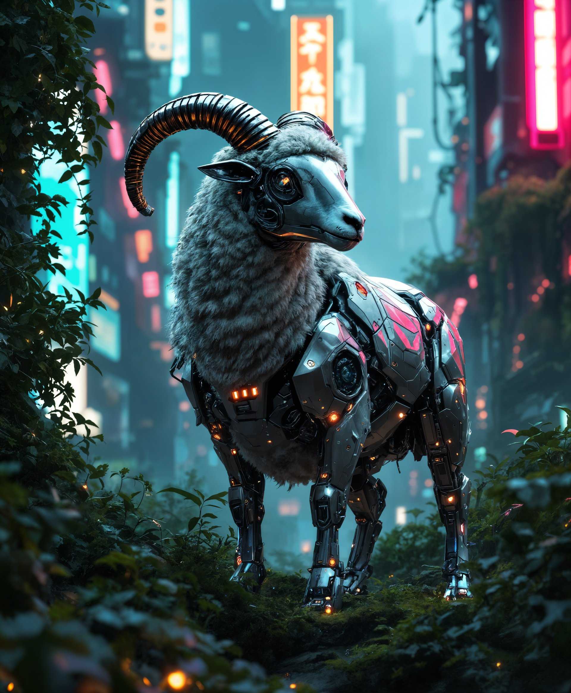masterpiece, best quality, highres, sharp image, more detail, masterpiece, best quality, highres, sharp image, more detail, ```plaintext
A highly detailed portrait of a mecha sheep, its metallic fur shimmering under the neon glow of a futuristic landscape. The scene captures the sheep standing majestically amidst the overgrown ruins of a once-thriving city, now reclaimed by nature. 

- **Visual Details**: 
  - The mecha sheep has intricate mechanical parts visible beneath its sleek, chrome-colored exterior, with LED lights pulsing softly in sync with its breathing.
  - The landscape features lush, bioluminescent plants and vines intertwining with the remnants of skyscrapers, creating a contrast between the organic and the mechanical.

- **Style**: 
  - Photorealistic with elements of cyberpunk aesthetic; the image should have a high contrast between light and shadow, akin to neo-noir cinematography.

- **Composition**: 
  - The mecha sheep is the central focus, slightly off-center to the right, allowing for a dynamic interplay between the subject and the environment.
  - The camera angle is slightly low, looking up at the sheep, emphasizing its grandeur and dominance in this rewilded urban setting.

- **Mood and Atmosphere**: 
  - The mood is serene yet with an underlying sense of tension, as if nature and technology are in a silent battle for dominance. 
  - The atmosphere is misty, with a soft, diffused light filtering through the foliage, creating a surreal, dream-like quality.

- **Technical Aspects**: 
  - Depth of field should be shallow, focusing on the mecha sheep with the background slightly blurred to emphasize the subject while still showcasing the intricate details of the environment.
  - Use of chiaroscuro lighting to enhance the dramatic effect and highlight the textures of both the mecha sheep and the surrounding flora.

- **Cohesion**: 
  - The fusion of advanced robotics with the wild, untamed nature creates a believable scene where technology has become part of the ecosystem, each element harmoniously integrated with the other.
```