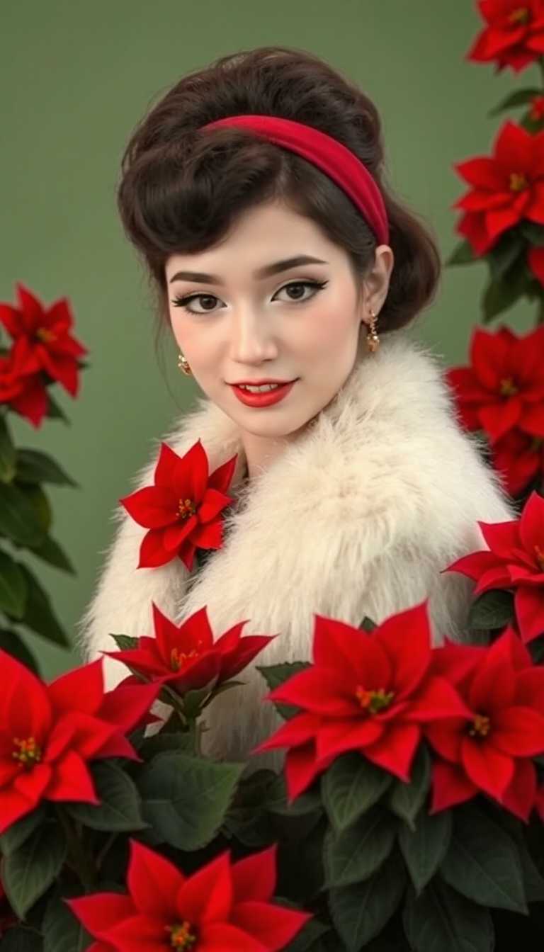 A woman, mid-century style, with a red headband and voluminous, styled hair,  dressed in a white fur stole.  She is positioned slightly angled towards the camera, with a soft, pleasant expression.  The backdrop is a muted, sage-green.  Surrounding her are lush, vibrant red poinsettias in full bloom, filling the foreground and adding a rich color contrast.  The fur stole and headband add a touch of elegance to the composition.  The overall aesthetic is akin to 1960s fashion photography, with soft lighting and a classic, slightly romanticized feel.  Hyperrealistic rendering, focusing on the detail of the hair, makeup, and fur. Capture the rich vibrancy of the red poinsettias in the foreground.
