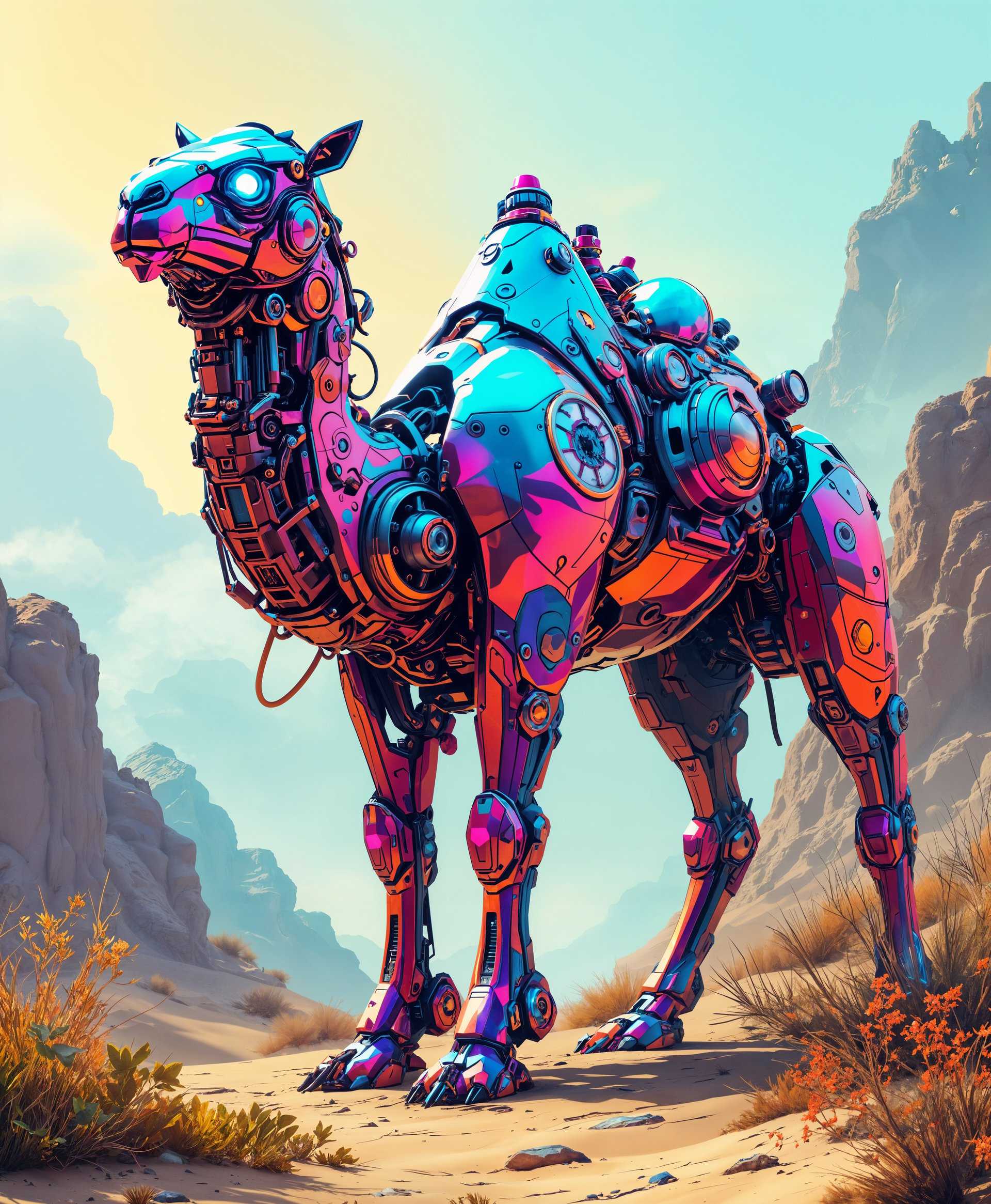 masterpiece, best quality, highres, sharp image, more detail, masterpiece, best quality, highres, sharp image, more detail, A highly detailed portrait of a **mecha Camel** set against the **futuristic wild**:

- **Visual Details:** The mecha Camel's metallic hide reflects the vibrant neon hues of the surrounding environment, with intricate gear and mechanical parts visible through its armored plating. Its eyes glow with a soft, piercing light, and its joints and pistons are depicted with precision, showcasing the inner workings of its steampunk-inspired design. The texture of the sand and wild vegetation contrasts sharply with the sleek, polished metal of the Camel.

- **Style:** Inspired by cyberpunk aesthetics with an homage to traditional Japanese mecha design, reminiscent of the works by Yoshitaka Amano. The image should capture the essence of high-tech machinery melded with organic forms, using a blend of sharp lines and fluid shapes.

- **Composition:** The Camel is positioned centrally, dominating the foreground, with its head turned slightly to the side, gazing into the distance. The camera angle is low, emphasizing the Camel's size and the dramatic, sprawling landscape behind it. The framing includes elements of the wild, like twisted, metallic trees and glowing, bio-luminescent plants.

- **Mood and Atmosphere:** The scene is set at dusk, with the sun setting behind the Camel, casting long shadows and painting the sky in a palette of electric purples, blues, and oranges. The atmosphere is charged with a sense of impending adventure or perhaps solitude, capturing the loneliness and majesty of the mecha Camel in this new, untamed world.

- **Technical Aspects:** Utilize chiaroscuro to enhance the depth and contrast, with sharp focus on the Camel's face and mechanical details, while the background fades into a soft, dreamy blur. Employ lens flare from the setting sun to add to the futuristic feel, and use a shallow depth of field to isolate the subject from its environment, creating a striking visual contrast.