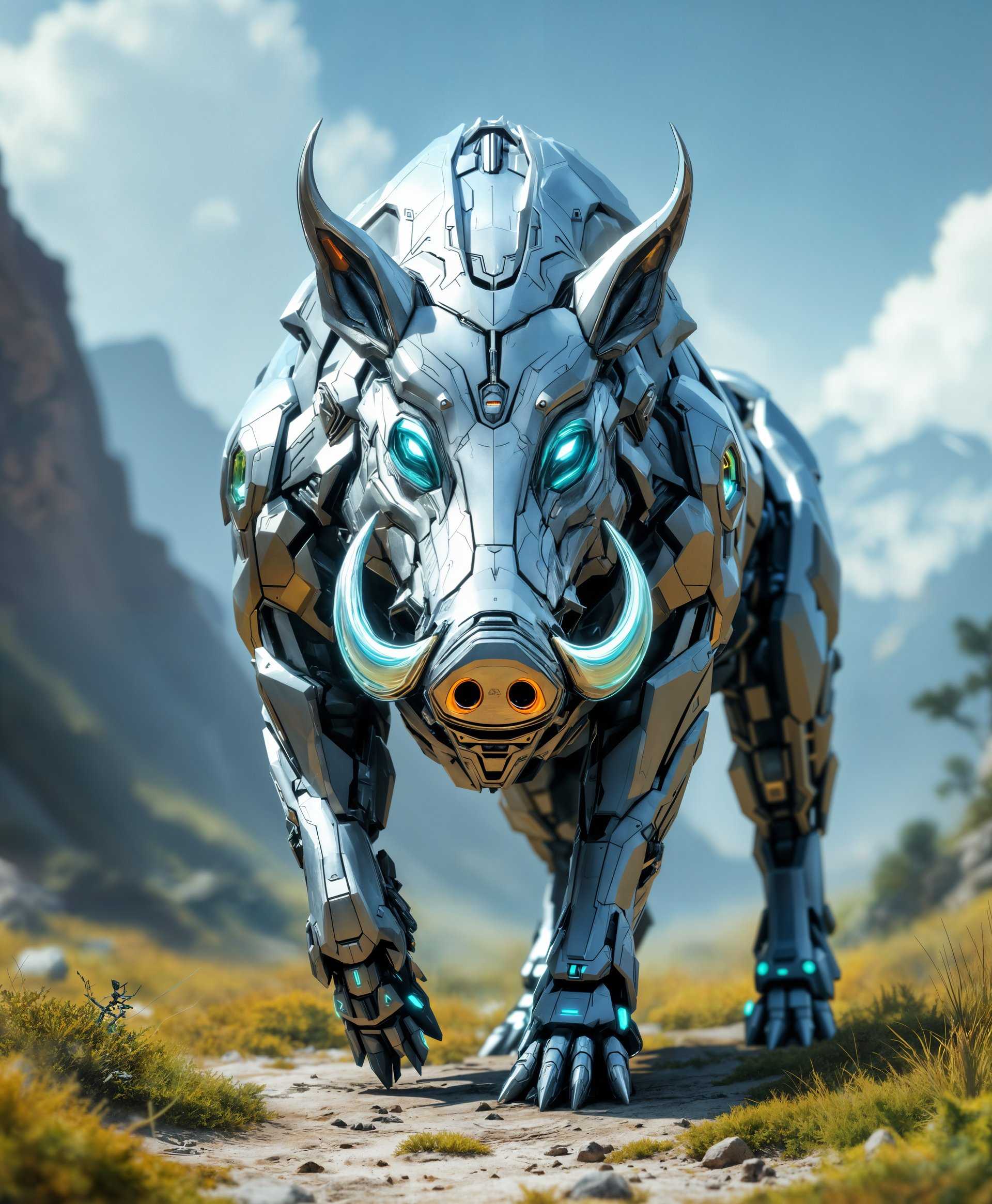 masterpiece, best quality, highres, sharp image, more detail, masterpiece, best quality, highres, sharp image, more detail, Create a highly detailed digital painting of a mecha Boar standing majestically in the futuristic wild. The mecha Boar should exhibit:

- **Visual Details**: 
  - **Body**: Constructed from polished, gleaming metal with intricate engravings that mimic natural fur patterns. 
  - **Eyes**: Glowing with a soft, neon green light, reflecting the advanced AI within. 
  - **Tusks**: Sharp, made from a transparent, crystalline material, glowing with internal energy.
  - **Texture**: Combine the roughness of metal with the sleekness of advanced technology, showcasing both strength and agility.
  - **Colors**: Predominantly metallic silver, with accents of vibrant electric blue and neon green for highlights.

- **Style**: 
  - **Artistic Influence**: Draw inspiration from cyberpunk aesthetics and the detailed, mechanical designs of Hajime Katoki's Gundam works.
  - **Technique**: Use techniques like edge highlighting to emphasize the mechanical parts and soft shading for a realistic look.

- **Composition**: 
  - **Subject Positioning**: The mecha Boar should be positioned in the center, slightly turned to showcase its side profile, with its head facing forward, exuding power and readiness.
  - **Camera Angle**: Low angle shot to enhance the imposing nature of the Boar, with the horizon line just above the Boar's back.
  - **Framing**: Frame the Boar with lush, overgrown futuristic flora, with vines and neon-lit plants framing the edges of the composition.

- **Mood and Atmosphere**: 
  - **Time of Day**: Dusk, with a setting sun casting long shadows and bathing the scene in a warm, orange glow, contrasting with the cool mechanical elements.
  - **Weather**: A light mist or fog, adding an element of mystery and depth to the scene.
  - **Ambiance**: The air should feel electric with the subtle hum of technology, creating an atmosphere of both danger and wonder.

- **Technical Aspects**: 
  - **Lighting**: Use rim lighting to highlight the edges of the mecha Boar, creating a silhouette effect against the backdrop.
  - **Depth of Field**: Employ a shallow depth of field, focusing sharply on the mecha Boar while the background blurs into a mix of neon colors and soft shapes.

- **Cohesion**: 
  - Ensure that the futuristic elements of the wild seamlessly integrate with the mecha Boar, creating a believable environment where technology and nature coexist harmoniously.