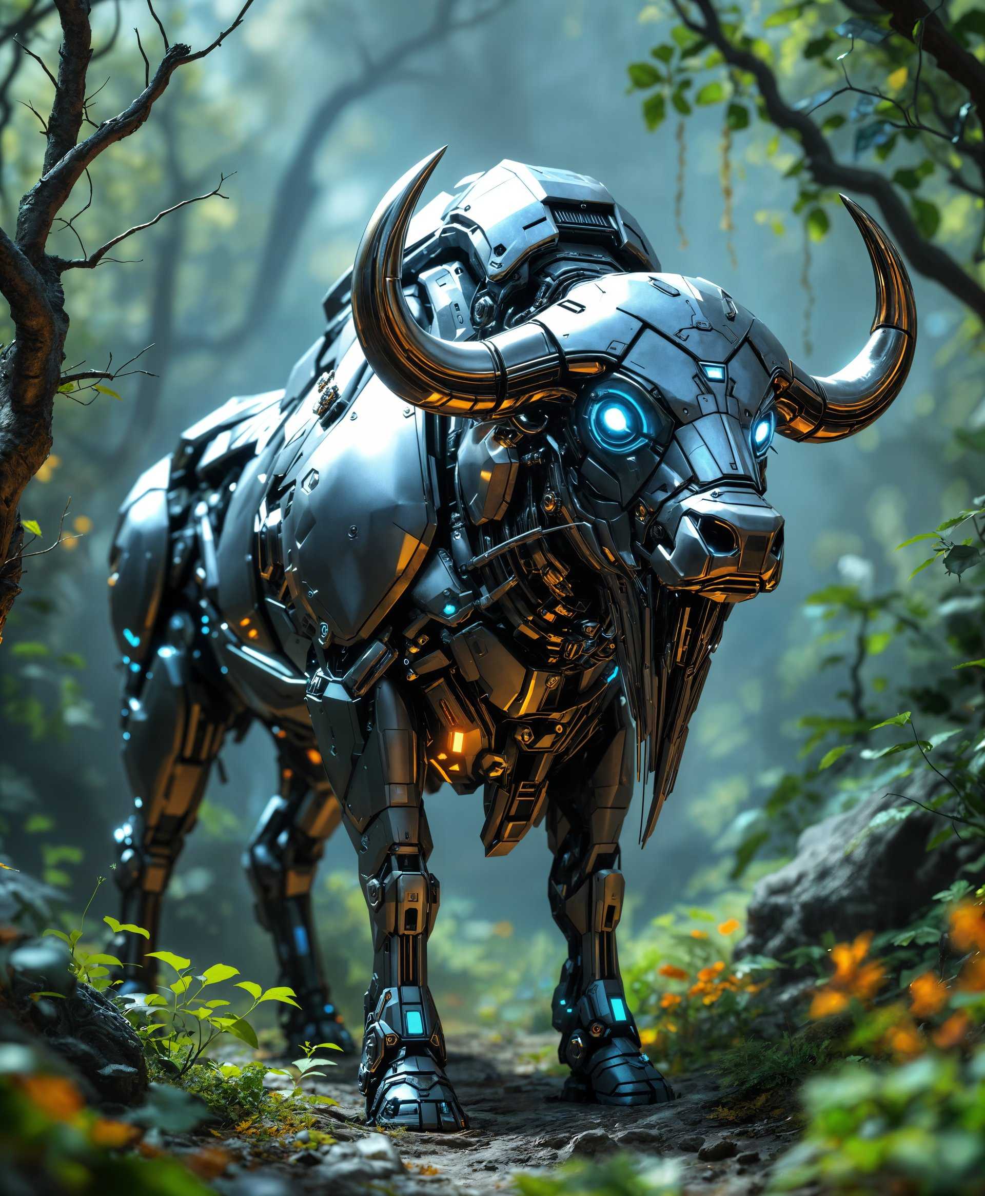 masterpiece, best quality, highres, sharp image, more detail, masterpiece, best quality, highres, sharp image, more detail, **Image Prompt:** 

A highly detailed portrait of a *mecha buffalo* standing majestically in the **futuristic wild**. The buffalo is rendered with a sleek, metallic body that reflects light, showcasing intricate mechanical elements like gears, pistons, and cooling vents. Its eyes glow with a soft, blue light, suggesting an advanced AI. 

- **Visual Details:** The buffalo's fur is replaced by a shimmering, armor-like plating in shades of gunmetal and silver, with hints of neon blue accents. Its horns are sharp, metallic extensions, gleaming under the light. The environment around it is lush with cybernetic plants and trees, where leaves are made of thin, translucent metal and vines have a bioluminescent glow.

- **Style:** The image should evoke a blend of **cyberpunk** and **nature**, reminiscent of Syd Mead's conceptual designs, with a touch of **hyperrealism** to bring out the textures and materials.

- **Composition:** The buffalo is the focal point, positioned slightly off-center, looking towards the viewer. The camera angle is at eye level with the buffalo, capturing its imposing presence. The background features a distant, sprawling futuristic city skyline, partially obscured by the wild, overgrown landscape.

- **Mood and Atmosphere:** The scene is set at twilight, with the sky a deep purple, casting long shadows and highlighting the reflective surfaces of the mecha buffalo. The atmosphere is serene yet charged with a sense of impending adventure or conflict, with subtle hints of mist or fog adding depth and mystery.

- **Technical Aspects:** Utilize **dramatic lighting** to enhance the contrast between the mechanical parts and the organic environment. Employ **depth of field** to focus on the buffalo while slightly blurring the distant cityscape. Use **ray tracing** to simulate realistic light reflections and refractions on the mecha elements.

- **Cohesion:** The integration of technology with nature should feel seamless, with the buffalo appearing as if it's a natural part of this futuristic ecosystem, creating a harmonious yet uncanny landscape.