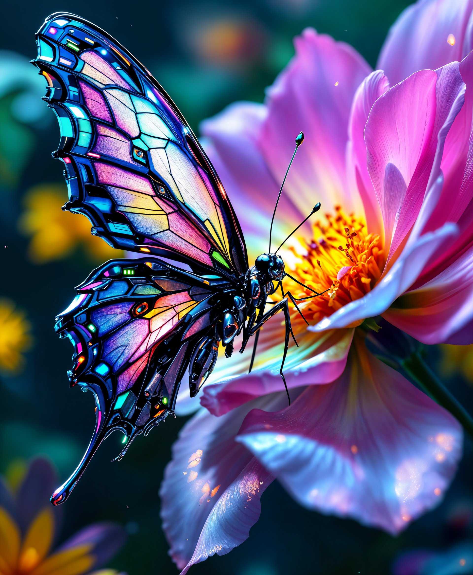 masterpiece, best quality, highres, sharp image, more detail, masterpiece, best quality, highres, sharp image, more detail, **Prompt:**

Create a highly detailed portrait of a **mecha butterfly** perched delicately on a vibrant, oversized flower in the **futuristic wild**. 

- **Visual Details**: 
  - The butterfly should have sleek, metallic wings with intricate mechanical patterns, featuring iridescent colors that catch the light. 
  - Its body should be constructed from polished chrome and carbon fiber, with small LED lights glowing softly along the edges and joints. 
  - The flower should be a giant, exotic bloom with petals that glow faintly from within, as if lit by bioluminescence.

- **Style**: 
  - The image should blend elements of **cyberpunk** aesthetics with **hyperrealistic** rendering, focusing on the contrast between organic nature and mechanical elements.

- **Composition**: 
  - The mecha butterfly should be the focal point, centered in the frame, with its wings slightly spread to reveal the detailed inner workings. 
  - The flower should frame the butterfly, providing a natural backdrop that contrasts with the mechanical creature. 
  - Use a **shallow depth of field** to blur the background slightly, emphasizing the subject.

- **Mood and Atmosphere**: 
  - The scene should evoke a sense of serene beauty in a **post-apocalyptic** or **futuristic** setting, where nature has reclaimed some of the technology. 
  - The lighting should be soft, with the sun setting or rising, casting long shadows and a warm glow over the scene, enhancing the ethereal quality of the butterfly and the flower.

- **Technical Aspects**: 
  - Employ **bokeh** effects in the background to give depth and a dreamlike quality. 
  - Use **macro photography** techniques to capture the fine details of both the mecha butterfly and the flower's texture. 
  - The image should have a **high dynamic range** (HDR) to bring out the contrast between light and shadow.

**The resulting image should be a harmonious blend of technology and nature, showcasing the beauty of both in a visually striking and cohesive composition.**