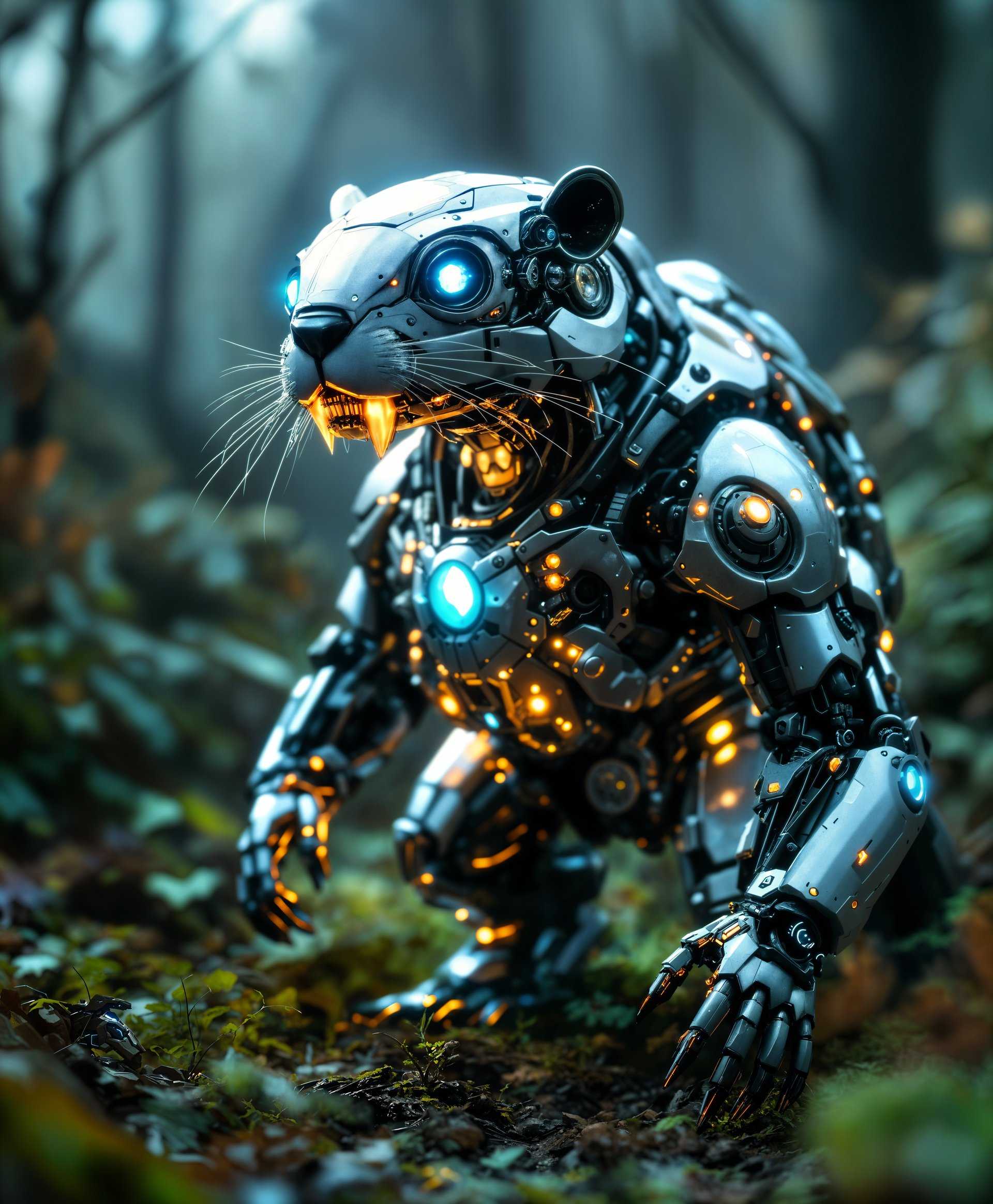 masterpiece, best quality, highres, sharp image, more detail, masterpiece, best quality, highres, sharp image, more detail, masterpiece, best quality, highres, sharp image, more detail, A highly detailed **portrait** of a **mecha Beaver** in the **futuristic wild**:

**Visual Details**: The mecha Beaver boasts a sleek, metallic body with intricate gearwork visible through transparent panels. Its fur is made of shimmering, iridescent fibers, reflecting the ambient light in a mesmerizing pattern. The eyes are glowing with a soft blue light, and its teeth are sharp, gleaming alloys.

**Style**: Rendered in a **cyberpunk** aesthetic with a nod to **steampunk** elements, featuring a **hyper-realistic** finish to showcase the mechanical complexity.

**Composition**: The mecha Beaver is positioned in a **dynamic pose**, perhaps mid-stride, against a backdrop of an overgrown, post-apocalyptic forest. The camera angle is slightly below eye level, looking up at the subject to emphasize its grandeur and the vastness of the setting.

**Mood and Atmosphere**: The scene is set at dusk, with the last rays of sunlight casting long shadows through the dense, lush foliage. The atmosphere is **mysterious** and **techno-organic**, with bioluminescent plants and fungi adding a soft glow to the environment. The air is thick with humidity, and a light mist hovers around the forest floor, enhancing the surreal, otherworldly feel.

**Technical Aspects**: Utilize **depth of field** to blur the background, focusing on the mecha Beaver. Employ **high dynamic range** (HDR) to capture the contrasts between the mechanical elements and the organic setting. Use **ray tracing** for realistic lighting and reflections on the mecha parts.

**Cohesion**: The fusion of advanced technology and nature creates a harmonious yet unsettling scene, where the mecha Beaver seems both out of place and perfectly adapted to its environment, evoking a sense of awe and curiosity about its origins and purpose.