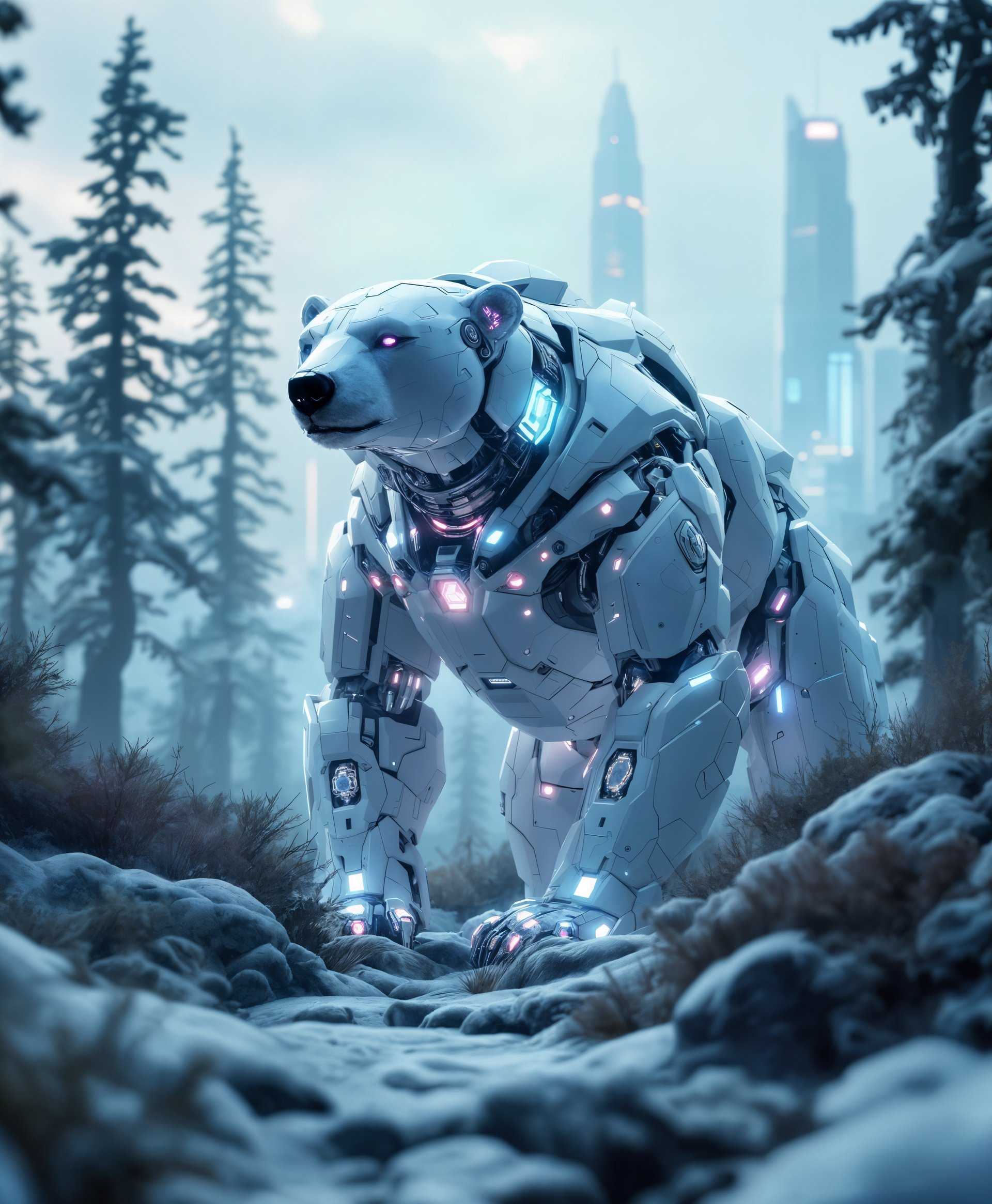 masterpiece, best quality, highres, sharp image, more detail, masterpiece, best quality, highres, sharp image, more detail, **Prompt for AI Image Generation:**

Create a highly detailed **portrait** of a **mecha Polar Bear** standing in the **futuristic wild**. 

- **Visual Details**: 
  - The mecha Polar Bear should have intricate mechanical elements, with visible gears, hydraulics, and glowing circuitry. Its fur should mimic the appearance of sleek, metallic armor with reflective surfaces and LED accents that mimic the natural luminescence of ice. 
  - The environment should include futuristic elements like holographic plants, biomechanical trees, and a skyline dotted with towering, eco-friendly skyscrapers partially obscured by a mist of nanites.

- **Artistic Style**: 
  - Render in a **cyberpunk** aesthetic with a touch of **hyper-realism**. The image should have a high contrast between the dark, cold tones of the futuristic wild and the bright, neon highlights from the mecha's technology.

- **Composition**: 
  - Frame the mecha Polar Bear from a low angle, looking up to emphasize its imposing presence. The bear should be in the center, with the futuristic skyline in the background. The bear's head should turn slightly towards the viewer, with its eyes glowing with an eerie intelligence.

- **Mood and Atmosphere**: 
  - The mood should be **mysterious** and **awe-inspiring**. The time of day is dusk, with the last rays of sunlight casting long shadows and reflecting off the mecha's surfaces. The air is cool, with a slight fog that enhances the futuristic, almost ethereal feel of the environment.

- **Technical Aspects**: 
  - Utilize **bokeh** effects to blur the background slightly, focusing attention on the mecha Polar Bear. Use **ray tracing** to enhance light reflections and refractions on the bear's metallic parts. Employ **depth of field** to give a sense of scale and distance within the image.

- **Cohesion**: 
  - Ensure that the mechanical elements of the bear seamlessly integrate with its organic form, creating a believable fusion of nature and technology. The futuristic wild should appear both alien and familiar, blending the natural world with advanced technology in a way that feels plausible within this universe.