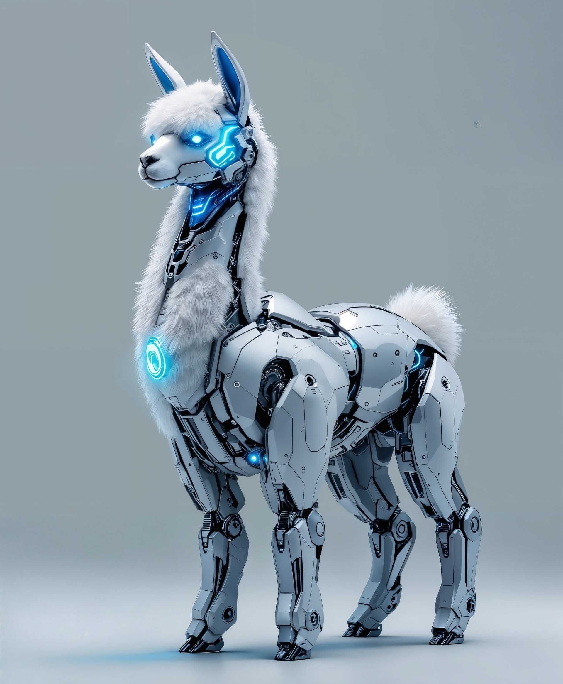 masterpiece, best quality, highres, sharp image, more detail, masterpiece, best quality, highres, sharp image, more detail, **Prompt for AI Image Generation:**

**Subject**: A sleek, futuristic mecha Alpaca, showcasing intricate mechanical details and a harmonious blend of organic alpaca features with advanced robotic elements.

**Visual Details**: 
- **Mecha Features**: The mecha Alpaca has articulated limbs with visible hydraulic pistons and gears, a sleek metal exoskeleton with polished chrome accents, and glowing blue energy lines running along its body. 
- **Organic Elements**: The alpaca's face is partially visible, with soft fur blending into the metal, expressive LED eyes that mimic the gentle gaze of an alpaca, and a mechanical version of the fluffy tail.
- **Colors**: Utilize a palette of metallic blues, silvers, and greys with accents of neon blue and white to highlight technological features.

**Style**: Inspired by cyberpunk aesthetics with influences from artists like Hajime Sorayama, emphasizing clean lines, high contrast, and a blend of organic and inorganic elements.

**Composition**: 
- **Positioning**: The mecha Alpaca is positioned in a dynamic pose, standing amidst futuristic vegetation, with one mechanical hoof slightly raised as if stepping through the wilderness.
- **Camera Angle**: Low angle shot to enhance the imposing nature of the mecha, with a shallow depth of field to blur the background slightly.

**Mood and Atmosphere**: 
- **Setting**: The scene is set in a post-apocalyptic, lush, overgrown landscape with futuristic city ruins peeking through dense foliage.
- **Time of Day**: Twilight, with the setting sun casting long shadows and creating dramatic lighting on the mecha's metallic surfaces.
- **Atmosphere**: A sense of solitude and exploration, with a slight mist in the air, suggesting a world where nature has reclaimed technology.

**Technical Aspects**: 
- **Lighting**: Use of dramatic backlighting and key light to emphasize the texture and details of the mecha. 
- **Focus**: Sharp focus on the mecha Alpaca with a soft background to isolate the subject.
- **Depth of Field**: Medium to shallow to create a sense of depth and scale.

**Cohesion**: The futuristic wild setting, the cyberpunk style, and the detailed portrayal of the mecha Alpaca should all work together to create a believable, immersive scene where technology and nature coexist in a new era.