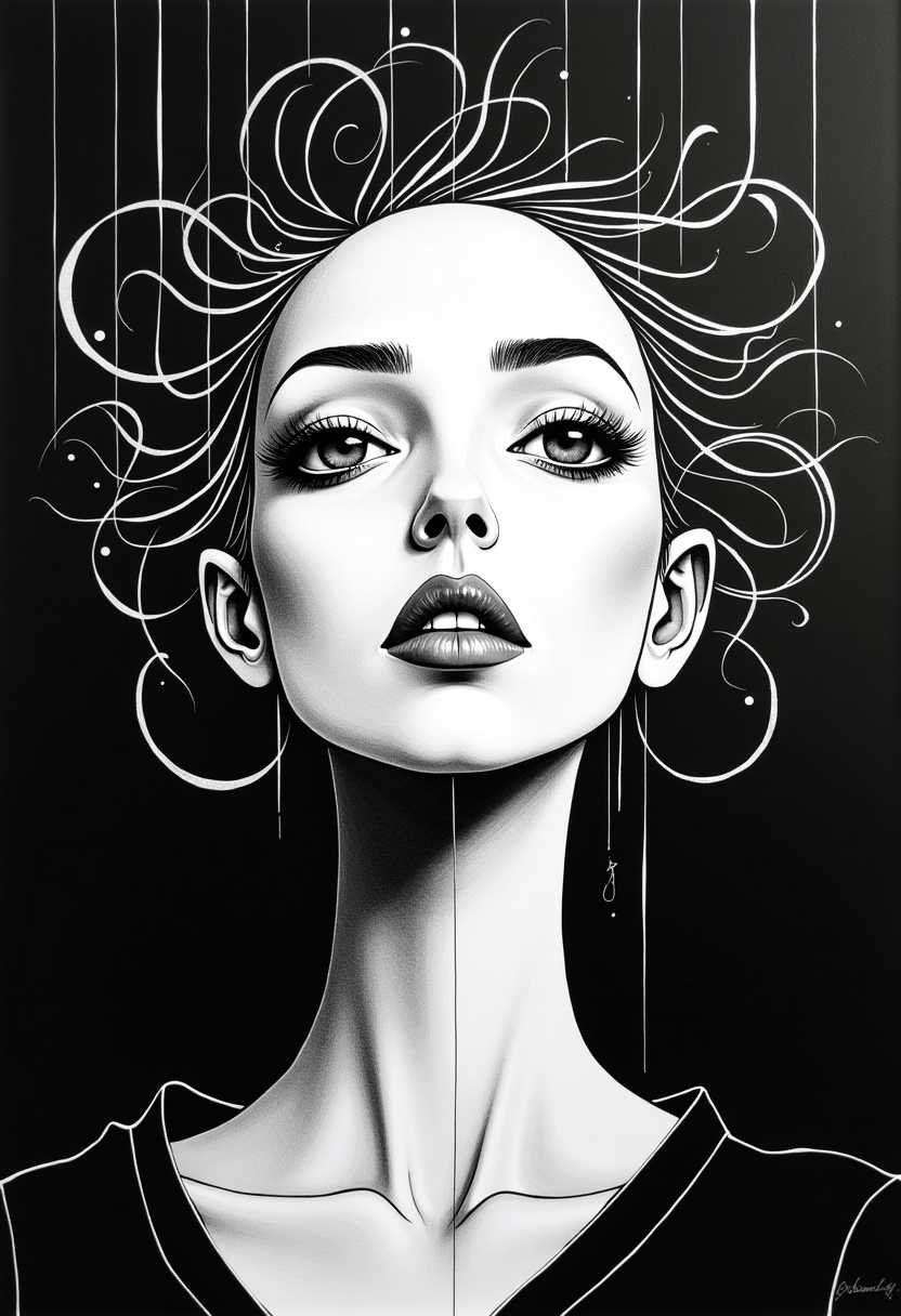 A mesmerizing abstract portrait of a female figure, reminiscent of Richard Hambleton's minimalistic style. The woman is depicted in a high contrast monochrome palette, with sharp lines and geometric shapes defining her features. Her eyes are exaggerated, and her hair is a striking combination of straight lines and swirls. The background is a dark void that accentuates the subject's strong presence, creating a compelling and striking visual experience.