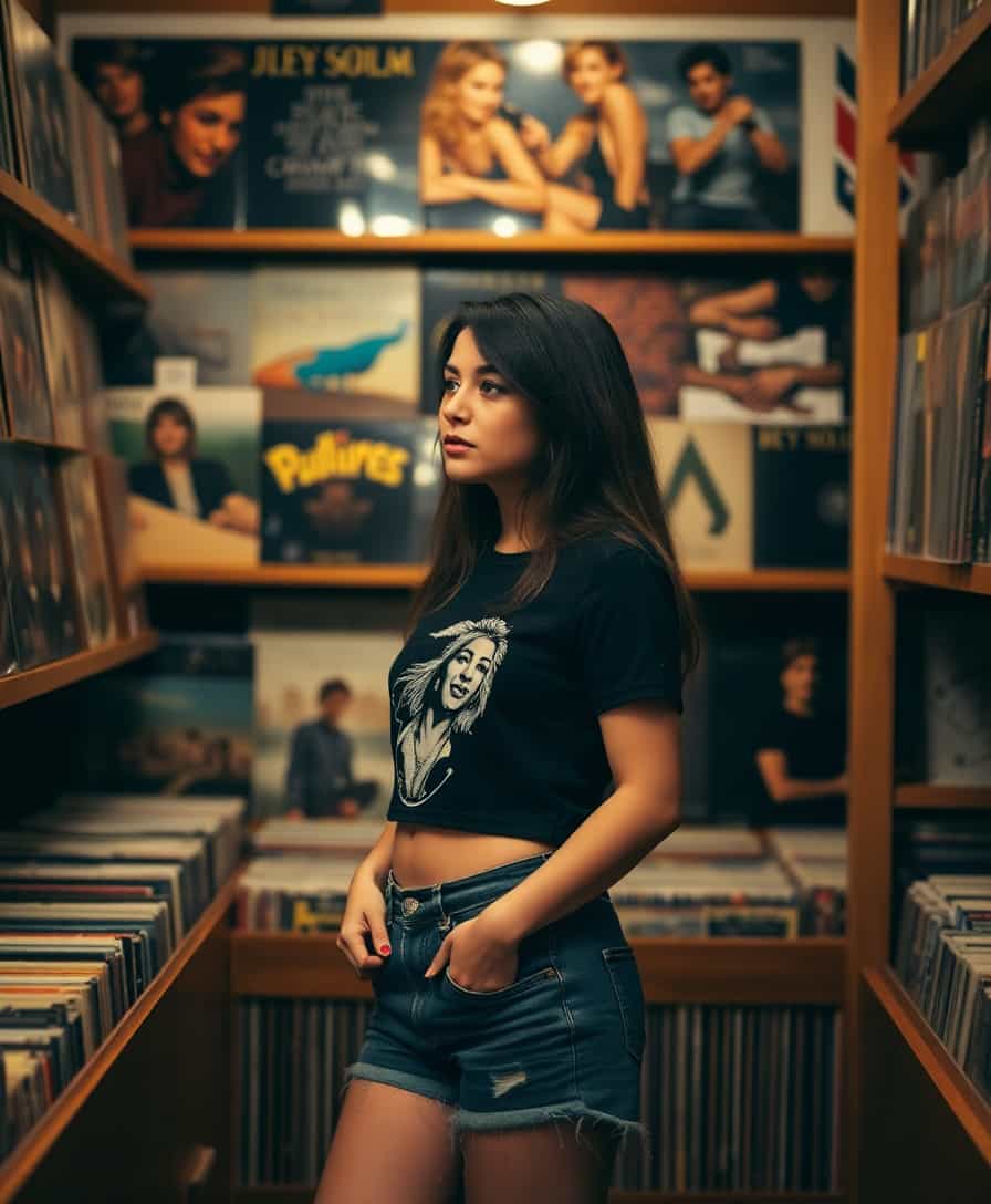 The image exudes a nostalgic and relaxed mood, with a touch of contemplative solitude. The warm, ambient lighting and the carefully curated vinyl collection in the background contribute to a cozy, introspective atmosphere. The woman in the foreground, dressed casually in a black top with a graphic design and denim shorts, seems to be lost in thought, perhaps pondering over music choices or memories evoked by the records. The blurred shelves and the careful framing of the subject add depth and focus, drawing the viewer into a moment of quiet reflection within the stores collection.