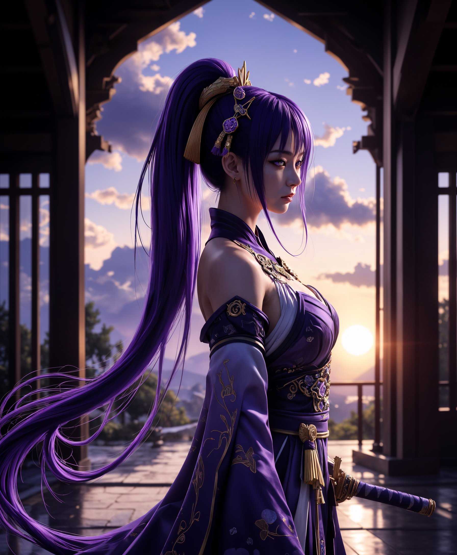 masterpiece, best quality, highres, sharp image, more detail, masterpiece, best quality, highres, sharp image, more detail, a photo of Baeki, midjourney, a photo of Baal, a photo of Baeki, ```markdown
**Image Prompt:**

Create a digital painting of Baeki dressed as Baal, the Raiden Shogun from "Genshin Impact," in a **studio environment**:

- **Subject**: Baeki, embodying the character of Baal, should be captured in a full-body pose that conveys **power and serenity**. Her outfit should be an exact replica of Baal's in-game attire, featuring intricate purple and gold patterns, with flowing cloth that seems to defy gravity, emphasizing her divine status.

- **Visual Details**: 
  - **Costume**: Detailed embroidery and jewel work, with a focus on the **musou no hitotachi** (her sword) which should gleam with an ethereal light. 
  - **Hair and Makeup**: Long, flowing purple hair with golden streaks, styled in a high ponytail with floating ornaments, and makeup that highlights her divine aura with violet and gold tones.
  - **Lighting**: Use **dramatic backlighting** to create a silhouette effect, highlighting her silhouette against a darker backdrop, with **key light** casting sharp shadows to emphasize her features and the texture of her costume.

- **Style**: Employ a **digital painting** style, mimicking the anime-inspired look of "Genshin Impact," with clean lines, vibrant colors, and a touch of hyper-realism to capture the essence of the character.

- **Composition**: 
  - **Camera Angle**: A **low angle** shot to emphasize her height and authority, with the camera slightly tilted to give a dynamic, heroic feel.
  - **Framing**: Ensure Baal is framed within an arch or a gate, reminiscent of the Inazuma architecture, to ground the image in the game's setting.

- **Mood and Atmosphere**: 
  - **Time of Day**: Twilight, with the sky painted in shades of deep purple and gold, reflecting Baal's colors.
  - **Weather**: Clear skies with a soft glow from the horizon, suggesting the end of the day or the beginning of night, symbolizing the transition of power.

- **Technical Aspects**: 
  - **Depth of Field**: Use a shallow depth of field to keep focus on Baal, with the background softly blurred to highlight her presence.
  - **Color Grading**: Apply a **color grade** with a cooler palette, yet with warm highlights to emphasize her divine nature.

- **Cohesion**: All elements should work in harmony to depict Baeki as Baal, not just in appearance but in essence, capturing the character's poise,