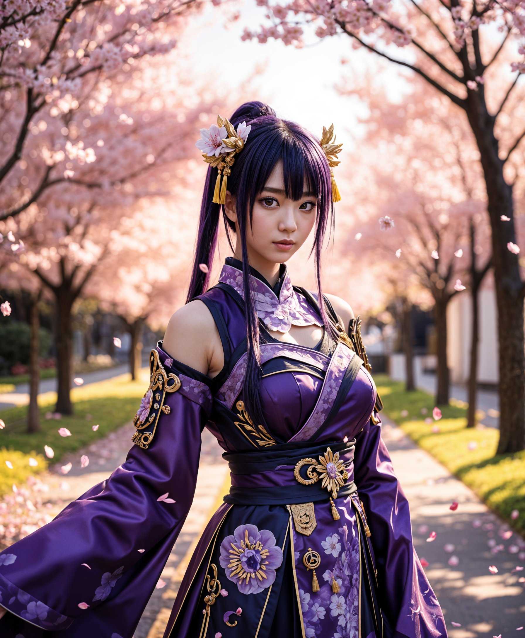 masterpiece, best quality, highres, sharp image, more detail <lora:more_details:0.5> <lora:SDXLrender_v2.0:1>, a photo of Baeki, midjourney, a photo of Baeki, **Prompt:**

A 4K high-resolution photo of Baeki cosplaying as Baal, the Raiden Shogun from "Genshin Impact," standing in the iconic cherry blossom road in Japan. The scene captures:

- **Visual Details:** The cosplay is meticulously detailed, featuring the Shogun's intricate purple and gold armor, with flowing purple fabric that mimics the gentle movement of the wind. The petals of the sakura trees are a vibrant pink, with some petals caught in Baeki's hair, adding to the ethereal quality of the scene. 

- **Lighting:** The sun is setting, casting long, warm shadows that contrast beautifully with the cool tones of the armor. The light filters through the sakura trees, creating a soft, diffused glow around Baeki.

- **Style:** The image is captured with a cinematic approach, reminiscent of Japanese anime, with a slight bloom effect to enhance the dreamlike quality of the scene.

- **Composition:** Baeki is positioned slightly off-center, with the road leading towards her, drawing the viewer's eye. The camera angle is at a slight low angle, emphasizing her commanding presence. The framing includes the full expanse of the sakura-lined road, with the petals creating a dynamic foreground and background.

- **Mood and Atmosphere:** The atmosphere is serene and enchanting, capturing the transient beauty of the sakura season. The mood is one of peaceful power, with the falling petals symbolizing the fleeting nature of time, juxtaposed against the timelessness of the Shogun's character.

- **Technical Aspects:** Shot with a shallow depth of field to focus on Baeki, with a wide aperture to blur the background sakura trees, creating a bokeh effect with the petals. The exposure is balanced to capture the detail in the shadows while highlighting the petals against the sky.

- **Cohesion:** Every element, from the cosplay's accuracy to the setting's authenticity, works in harmony to create a believable, immersive scene where Baeki embodies the essence of Baal, surrounded by the iconic beauty of Japan's sakura season.