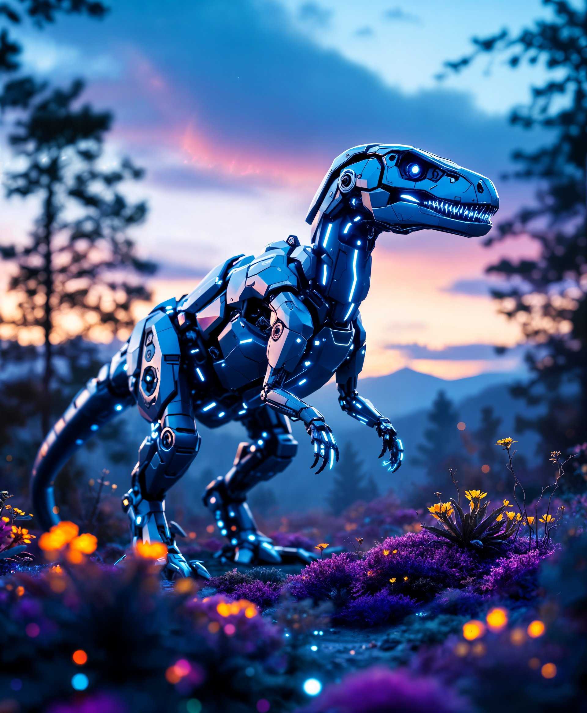 masterpiece, best quality, highres, sharp image, more detail, masterpiece, best quality, highres, sharp image, more detail, **A highly detailed portrait of a mecha Velociraptor in the futuristic wild**

**Visual Details:**
- The mecha Velociraptor is crafted from polished, metallic alloys with a sleek, aerodynamic design, showcasing advanced engineering. Its body is adorned with glowing blue energy lines and intricate, mechanical joints that mimic the natural anatomy of a Velociraptor, with a fusion of futuristic tech and organic form.
- The environment reflects a futuristic wilderness, with neon flora emitting a soft glow against the backdrop of a twilight sky, casting an otherworldly light on the scene. The ground is covered with iridescent, metallic moss and glowing, bio-luminescent plants.

**Style:**
- The image should capture a blend of cyberpunk aesthetics with the raw beauty of wildlife photography, reminiscent of the work by Syd Mead for its futuristic design and the detail-oriented approach of Ansel Adams for the natural elements.

**Composition:**
- The mecha Velociraptor is the focal point, standing majestically at the center of the frame, its head slightly turned towards the camera, capturing its alert and predatory gaze. The surrounding flora and fauna frame it, leading the viewer's eye towards the subject. The camera angle is slightly low, giving a sense of awe and grandeur to the subject.

**Mood and Atmosphere:**
- The scene exudes a sense of serene yet ominous anticipation. The soft glow from the environment contrasts with the sharpness and high-tech appearance of the mecha, creating a harmonious yet slightly unsettling juxtaposition. The air is filled with a subtle mist, enhancing the mysterious atmosphere.

**Technical Aspects:**
- Utilize a shallow depth of field to focus on the mecha Velociraptor, allowing the background to blur into a soft, ethereal landscape. Employ high dynamic range (HDR) techniques to capture the full spectrum of light and shadow, emphasizing the intricate details of the mecha against the vibrant, futuristic wild.

**Cohesion:**
- All elements combine to create a believable, immersive scene where technology and nature coexist in a delicate balance, telling a story of evolution and adaptation in a world where the lines between the organic and the mechanical have blurred.