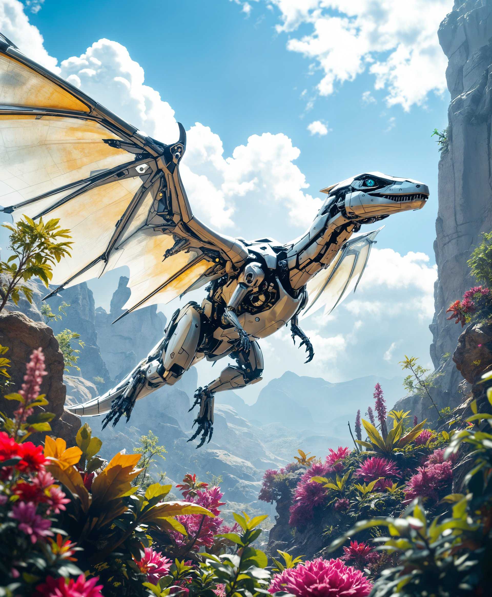 masterpiece, best quality, highres, sharp image, more detail, masterpiece, best quality, highres, sharp image, more detail, Generate a highly detailed portrait of a **mecha Pterosauria dinosaur** soaring through the **futuristic wild**. The scene should capture:

- **Visual Details**: The mecha's metallic body gleams under the harsh sunlight, with intricate mechanical joints and gears visible through semi-transparent armor. Its wings are a blend of sleek metal and synthetic, translucent membranes, casting dynamic shadows. The background features a blend of alien flora and fauna, with vibrant, neon-colored plants and small robotic creatures.

- **Style**: The image should reflect **cyberpunk aesthetics**, with a mix of traditional Renaissance portraiture techniques for the mecha's depiction, emphasizing its majesty and detail. Use high contrast and vivid colors to highlight the futuristic elements.

- **Composition**: The mecha Pterosauria should dominate the frame, positioned in mid-flight with its wings fully extended. The camera angle should be from below, giving the viewer the sense of looking up at this magnificent creature, emphasizing its scale and grandeur. The landscape below should be visible, extending to the horizon.

- **Mood and Atmosphere**: The scene conveys a sense of awe and wonder, with a **dusk setting** that bathes everything in a warm, golden light, contrasted by the cool, neon glow of the futuristic environment. There's a slight mist in the air, adding depth and mystery to the wild landscape.

- **Technical Aspects**: Employ **hyper-realistic rendering** with a focus on depth of field to blur the background slightly, keeping the mecha in sharp focus. Use **motion blur** on the wings to capture the sense of movement. The lighting should mimic the **golden hour**, enhancing the metallic textures and providing a surreal glow to the scene.

- **Cohesion**: The futuristic wild is a harmonious blend of nature and technology, where the mecha Pterosauria feels both out of time and perfectly at home, creating a believable and immersive environment that feels both alien and familiar.