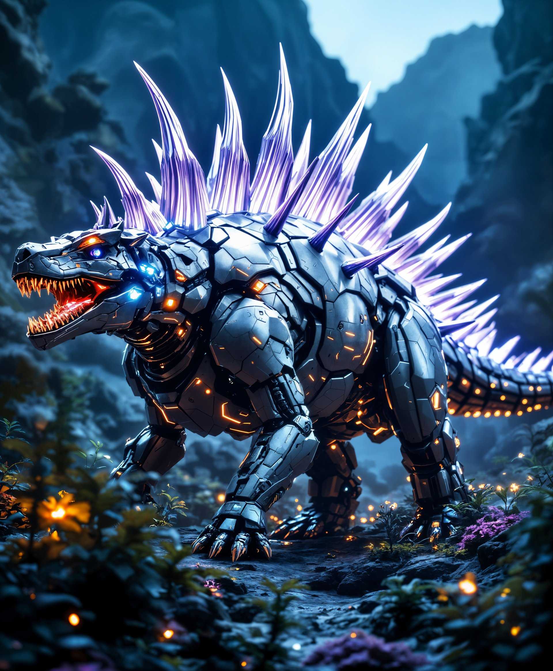 masterpiece, best quality, highres, sharp image, more detail, masterpiece, best quality, highres, sharp image, more detail, A **highly detailed portrait** of a **mecha Stegosaurus**, its metallic plates gleaming under the **harsh, artificial light** of a **futuristic wild** landscape. The **mecha dinosaur** stands majestically, its **plates adorned with intricate patterns** reminiscent of ancient tribal art, yet enhanced with **neon accents** that pulse with energy. 

- **Visual Details**: The Stegosaurus's body is covered in **advanced, battle-worn armor** with **scratches and dents** that tell tales of past encounters. The **spikes on its tail** are **sharp, menacing, and electrified**, glowing with a **soft blue light**. The **environment** around it features **futuristic vegetation** with **bioluminescent plants** casting eerie glows against the **dark, metallic terrain**.

- **Style**: The image should capture the **cyberpunk aesthetic**, with a **high contrast** between light and shadow, emphasizing the **industrial and organic fusion**. The style should lean towards **digital art** with **hyper-realistic rendering** of materials.

- **Composition**: The mecha Stegosaurus is positioned in a **three-quarters view**, allowing for a full appreciation of its design. The **camera angle** is slightly low, enhancing its dominance over the landscape. The background should subtly fade into **futuristic city lights** on the horizon, creating depth.

- **Mood and Atmosphere**: The scene conveys **isolation** and **loneliness** in a **wild, untamed future**, with the mecha Stegosaurus as the last remnant of a bygone era. The **atmosphere** is **cool and misty**, with **light rain** adding to the **moody, reflective environment**.

- **Technical Aspects**: Use **bokeh** effects to blur out the distant city lights, ensuring focus remains on the Stegosaurus. Employ **HDRI** techniques for lighting to capture the **dynamic range** of the scene, from the darkest shadows to the brightest highlights on the mecha's surface.

- **Cohesion**: The entire scene should blend **futuristic technology** with **natural elements**, creating a believable and captivating narrative of survival in a post-apocalyptic world where technology and nature coexist in a delicate balance.