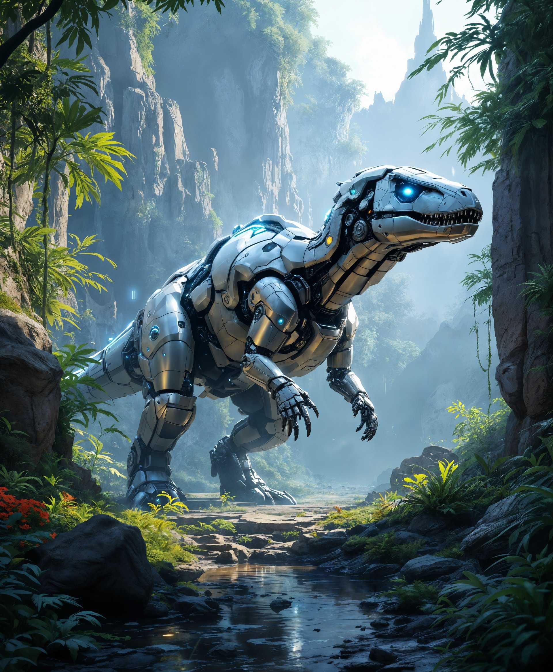 masterpiece, best quality, highres, sharp image, more detail, masterpiece, best quality, highres, sharp image, more detail, Create a highly detailed digital painting of a **Mecha Allosaurus** in a **futuristic wild** setting:

**Visual Details:**
- **Mecha Allosaurus**: The Allosaurus has a sleek, metallic body with visible gears and pistons, giving it a robotic yet organic look. Its skin texture should mimic brushed steel with hints of glowing energy lines running along its spine and limbs. The eyes glow with a piercing blue light.
- **Surroundings**: The environment is a blend of overgrown nature and high-tech ruins. Twisted metal and futuristic architecture are enveloped by lush, vibrant greenery. There are subtle holographic projections and LED lights scattered around, highlighting the fusion of technology and nature.
  
**Artistic Style:** 
- **Futuristic Cyberpunk**: Inspired by artists like Syd Mead or the aesthetics of games like Horizon Zero Dawn. The image should convey a sense of both awe and technological advancement, with a touch of the post-apocalyptic.

**Composition:**
- **Subject Placement**: The Mecha Allosaurus stands prominently in the center, dominating the scene with its size and presence. Its head is slightly turned to the side, looking towards the viewer with an inquisitive gaze.
- **Camera Angle**: Use a low-angle shot to emphasize the grandeur and power of the dinosaur, making it appear larger than life against the backdrop of the wild.
- **Framing**: Frame the scene with overgrown foliage and partially visible structures to create depth and lead the eye towards the dinosaur.

**Mood and Atmosphere:**
- **Time of Day**: Late afternoon, with the sun setting, casting long shadows and golden light through the foliage, reflecting off the Mecha Allosaurus's metallic body.
- **Weather**: Clear skies with a slight mist or fog, enhancing the mysterious and eerie ambiance of the scene.
- **Ambiance**: The air feels charged with electricity, with a quiet hum from unseen technology, suggesting a world where nature has reclaimed the remnants of human civilization.

**Technical Aspects:**
- **Lighting**: Utilize dramatic chiaroscuro to highlight the contours of the Mecha Allosaurus and create depth in the scene. Use rim lighting to outline the silhouette against the darker background.
- **Depth of Field**: A shallow depth of field focuses on the dinosaur, with the background slightly blurred to emphasize the subject.

This prompt ensures a visually striking, cohesive, and immersive image of a Mecha Allosaurus in a post-apocalyptic, technologically advanced wilderness.