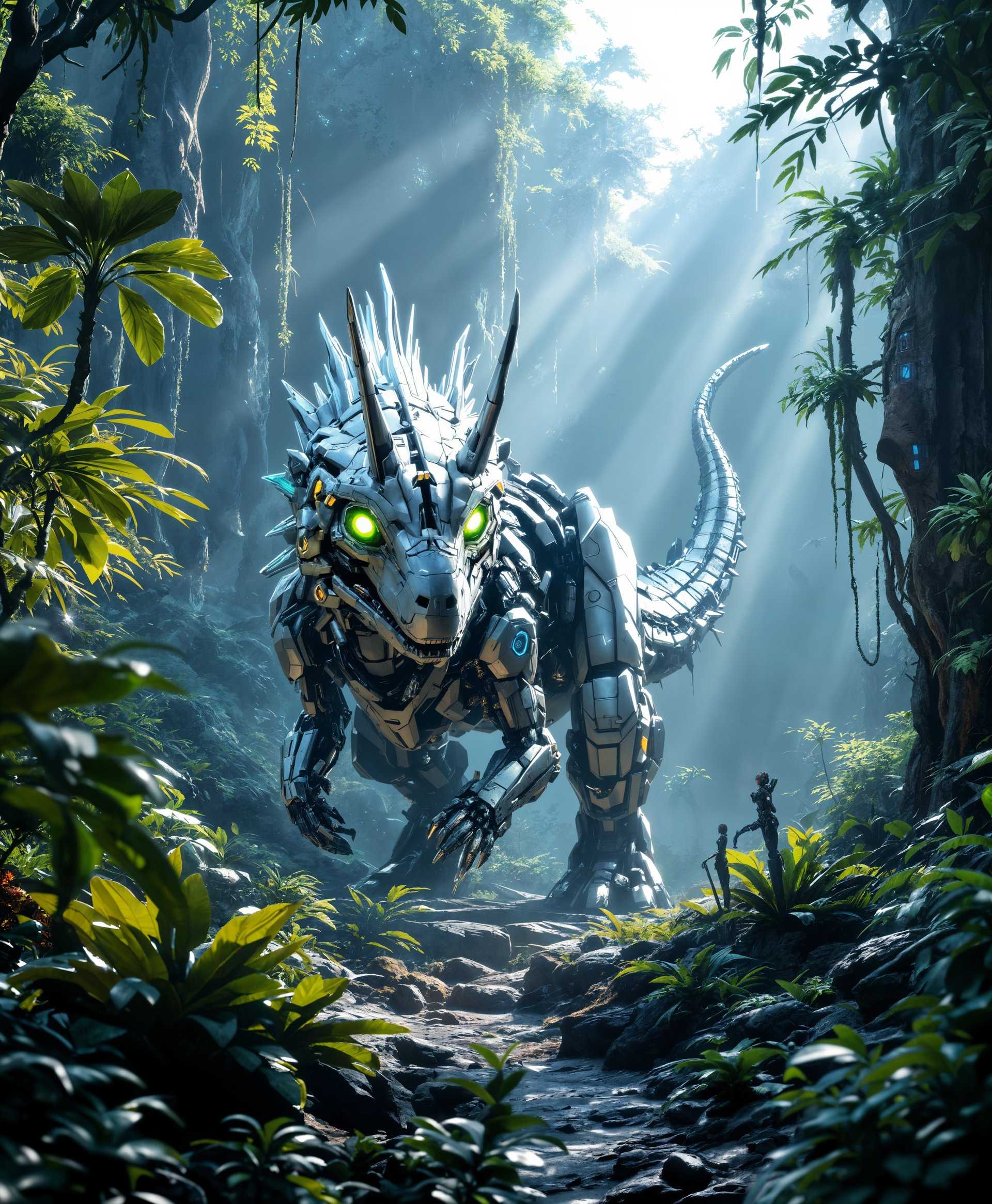 masterpiece, best quality, highres, sharp image, more detail, masterpiece, best quality, highres, sharp image, more detail, Create a hyper-realistic portrait of a **Mecha Spinosaurus** in a **futuristic wild landscape**. 

- **Subject**: The Mecha Spinosaurus should have an intricate design with metallic scales shimmering in silver and blue, its eyes glowing with an intense, neon green. Its mechanical parts are visibly articulated, showcasing advanced technology with gears, pistons, and hydraulics that mimic the creature's natural movement.

- **Environment**: The wild setting should blend futuristic elements with a dense, overgrown jungle. The vegetation is a mix of bioluminescent plants and towering, metallic trees with circuitry patterns. The ground is covered with a mix of lush, alien foliage and remnants of advanced technology, creating a post-apocalyptic yet vibrant ecosystem.

- **Lighting**: Use dramatic, high-contrast lighting with beams of sunlight piercing through the dense canopy, highlighting the mecha's features. The light should reflect off the metallic parts, creating sharp highlights and deep shadows to emphasize the texture and detail.

- **Atmosphere**: The mood should convey a sense of wonder and awe, with a touch of danger. The air is thick with a mist that carries a subtle, electric charge, enhancing the futuristic feel. The time of day is late afternoon, with the sun setting, casting long shadows and bathing the scene in warm, yet slightly eerie, orange and purple hues.

- **Composition**: Frame the Mecha Spinosaurus in a wide shot to capture its grandeur against the backdrop of the wild. Use a low camera angle to make the creature appear majestic and imposing, looking directly at the viewer to establish a connection.

- **Artistic Style**: Employ a **cyberpunk** aesthetic with a blend of hyper-detailed photorealism and exaggerated, anime-inspired mecha design. The image should evoke the feel of a high-budget sci-fi film, with meticulous attention to detail in both the creature and its environment.

- **Technical Aspects**: Use techniques like **ray tracing** for realistic lighting and reflection, **depth of field** to focus on the Mecha Spinosaurus while blurring the intricate background, and **motion blur** to suggest the creature's movement, adding dynamism to the scene.

This portrait should not only showcase the technological marvel of the Mecha Spinosaurus but also its integration into an evolved, futuristic ecosystem, creating a visually stunning and narrative-rich image.