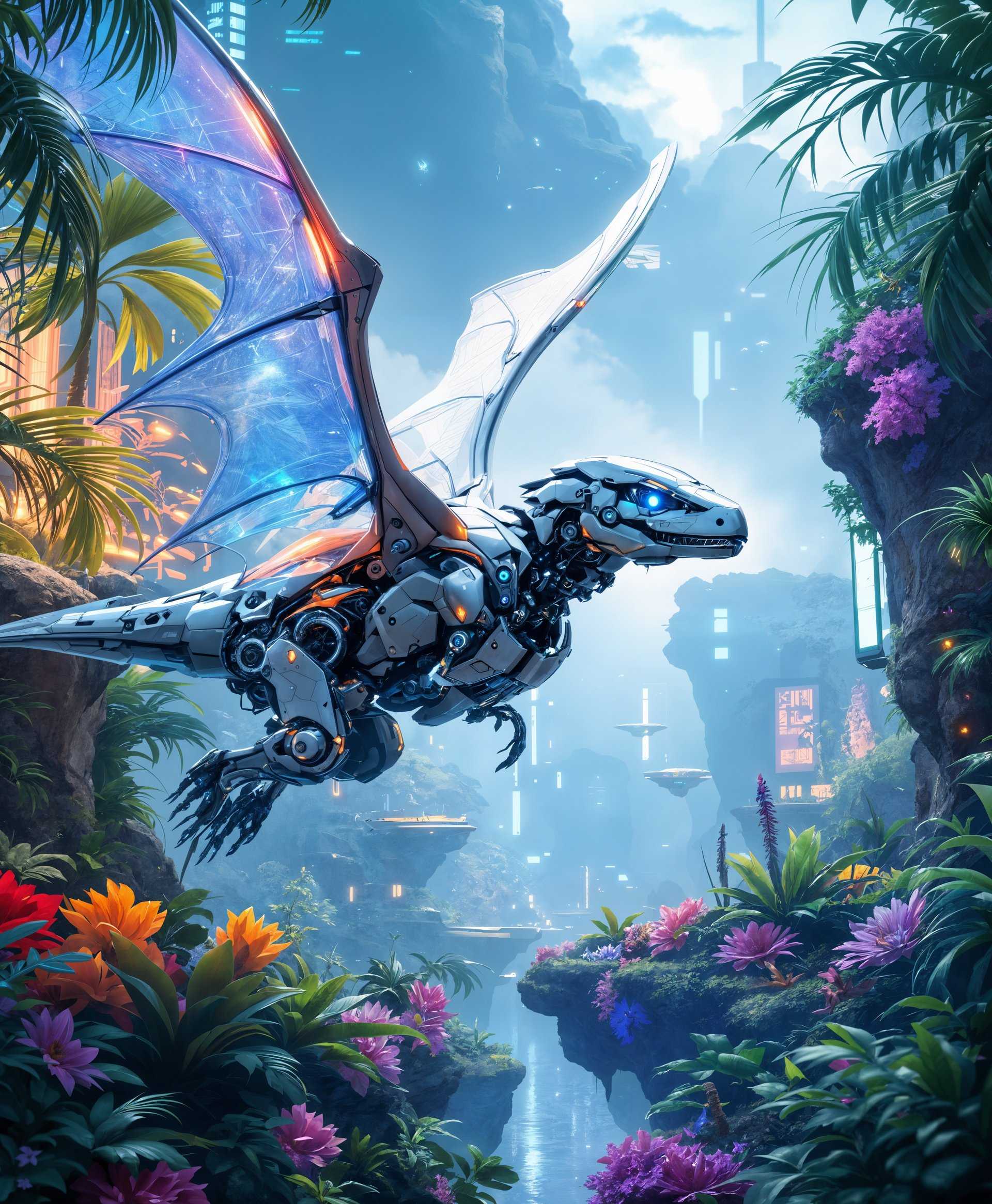 masterpiece, best quality, highres, sharp image, more detail, masterpiece, best quality, highres, sharp image, more detail, Highly detailed portrait of a **Mecha Pterosaur** in a **futuristic wild** setting:

- **Visual Details**: 
  - The Pterosaur has a sleek, metallic body with intricate mechanical joints, gears, and hydraulics visible through transparent panels. Its wings are made of a combination of metal and translucent, high-strength polymer, with holographic wing membranes that shimmer in the light. The eyes are piercing blue LEDs, and its beak is sharp, made of a durable, alloy material.
  - The wild is a mix of vibrant greenery, exotic, bioluminescent plants, and futuristic technology like floating platforms, energy fields, and holographic billboards. The colors are saturated with neon hues and reflective surfaces.

- **Artistic Style**: 
  - Inspired by cyberpunk aesthetics, with a nod to classical ornithological illustrations for the Pterosaur's pose and form. The style should evoke a sense of awe and wonder, blending the organic with the mechanical in a seamless, believable way.

- **Composition**: 
  - The Pterosaur is the focal point, captured in a dynamic pose mid-flight, its wings spread wide, against a dramatic sky at dusk. The camera angle is from below, looking up at the creature, emphasizing its size and majesty. In the background, the futuristic wild unfolds, with a mix of nature and technology, creating depth and scale.

- **Mood and Atmosphere**: 
  - The scene is set during the **golden hour**, with the sun setting, casting long, dramatic shadows and highlighting the reflective surfaces of the Mecha Pterosaur. The atmosphere is one of adventure, with a hint of danger, as if the Pterosaur is hunting or scouting in this hybrid world.

- **Technical Aspects**: 
  - Utilize **bokeh** effects to blur the background, focusing sharply on the Pterosaur. The image should exhibit **hyper-realistic rendering** with **ray tracing** for reflections and shadows, and **HDRI** for the wide dynamic range of lighting conditions. The use of **motion blur** on the wings and the sense of movement should convey the speed and agility of the creature.

- **Cohesion**: 
  - Every element, from the futuristic wild to the Mecha Pterosaur itself, should contribute to a unified vision of a world where technology and nature coexist, enhancing each other's beauty and functionality. The overall composition should tell a story of evolution, adaptation, and the seamless integration of life forms with advanced technology.