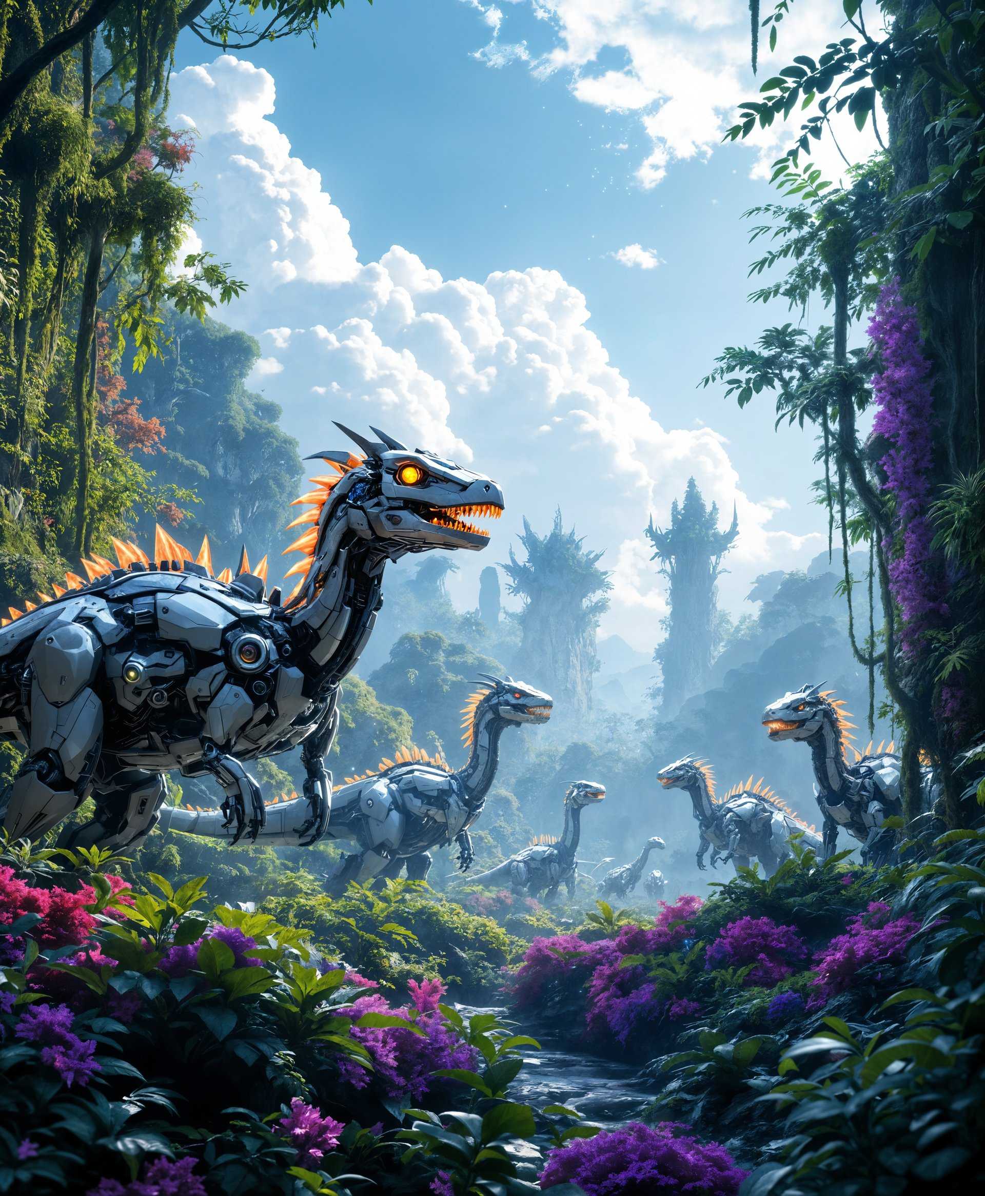 masterpiece, best quality, highres, sharp image, more detail, masterpiece, best quality, highres, sharp image, more detail, Generate a highly detailed portrait of multiple **mecha Dilophosaurus** dinosaurs in a **futuristic wild** setting:

- **Subject**: Several mecha Dilophosaurus dinosaurs with intricate mechanical designs, each showcasing unique features like hydraulic joints, glowing energy cores, and advanced sensory arrays. Their metallic skin should reflect the environment with a mix of matte and reflective surfaces.

- **Setting**: A dense, alien-like jungle with bioluminescent flora, towering cybernetic trees, and a sky that hints at advanced technology with holographic clouds or energy fields. 

- **Visual Details**: 
  - **Textures**: Combine organic and synthetic textures, with vines and moss creeping over the metal frames of the dinosaurs, creating a blend of nature and technology.
  - **Colors**: Use a palette of neon greens, purples, and blues for the vegetation, contrasting with the cool grays and silvers of the mecha dinosaurs. 
  - **Lighting**: Dappled light filters through the canopy, casting dynamic shadows and highlights on the mecha surfaces, with occasional bursts of light from their energy cores.

- **Artistic Style**: Emulate a hyper-realistic style with elements of cyberpunk aesthetics, reminiscent of Syd Mead's futuristic designs, but with a touch of organic integration like Moebius' work.

- **Composition**: 
  - Position the mecha dinosaurs in a dynamic formation, some interacting with the environment, others facing the viewer directly for a sense of confrontation.
  - Use a wide-angle lens effect to enhance the depth and scale of the scene, with the focus on the closest mecha Dilophosaurus, yet allowing the viewer to appreciate the surrounding wild.

- **Mood and Atmosphere**: 
  - Create an atmosphere of awe and slight unease, with the time set at dusk or dawn, where the lighting enhances the futuristic elements while maintaining a connection to nature.
  - The environment should feel both wild and controlled, with hints of an unseen civilization influencing the ecosystem.

- **Technical Aspects**: 
  - **Depth of Field**: Use a shallow depth of field to blur the background slightly, emphasizing the detail of the mecha dinosaurs.
  - **Dynamic Range**: High dynamic range to capture the full spectrum of light and shadow, showcasing the futuristic elements.

- **Cohesion**: Ensure the mecha dinosaurs are seamlessly integrated into this futuristic wild, their design reflecting both their predatory nature and advanced technological enhancements, creating a believable, immersive scene where technology has evolved alongside nature.