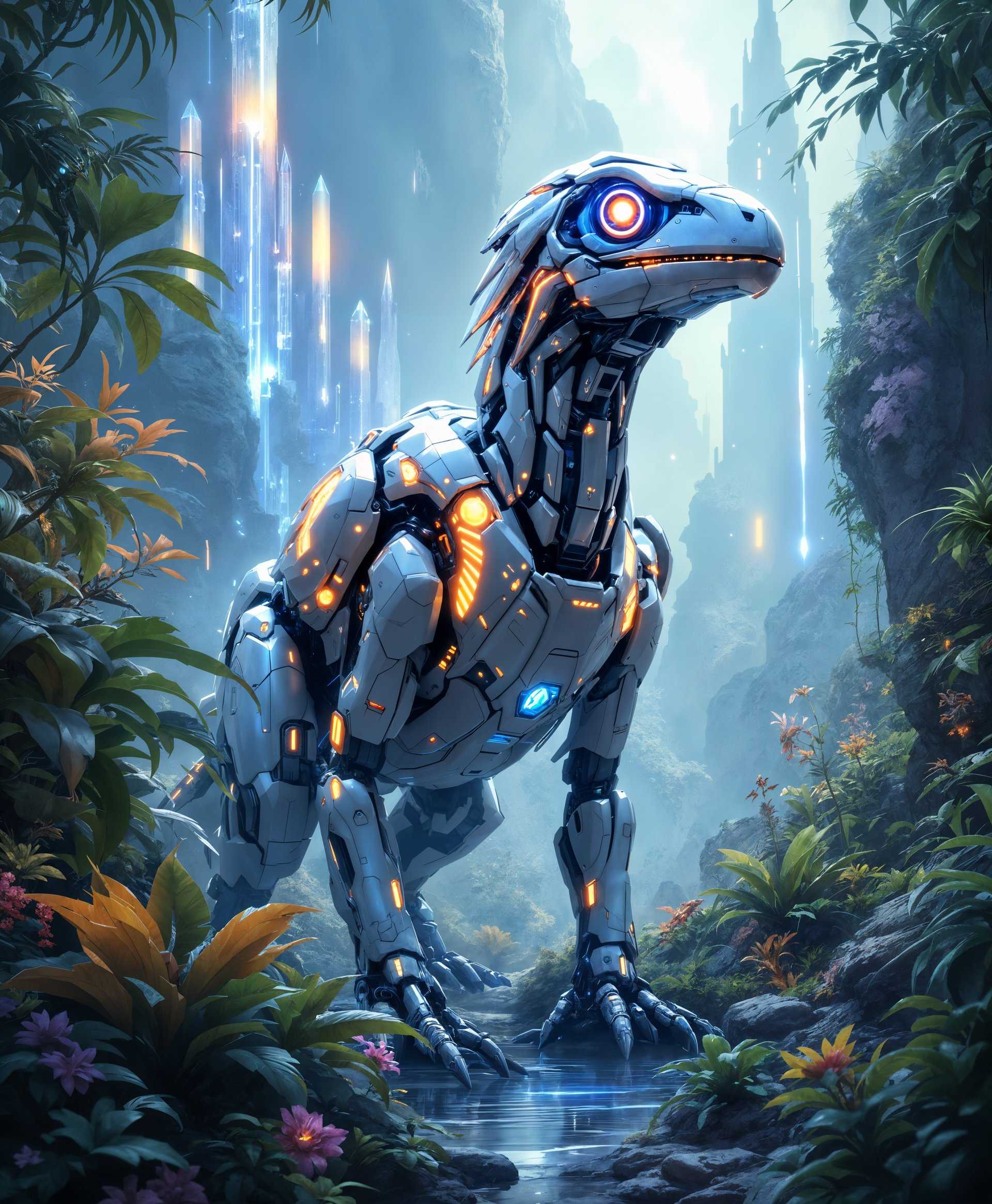 masterpiece, best quality, highres, sharp image, more detail, masterpiece, best quality, highres, sharp image, more detail, A highly detailed portrait of a **mecha Archaeopteryx** in the **futuristic wild**, showcasing:

- **Visual Details**: 
  - The mecha's body is a fusion of polished, metallic components with intricate hydraulic systems and glowing energy circuits mimicking the feather patterns of an Archaeopteryx.
  - Its eyes are bright, LED-like orbs emitting a soft, luminescent glow.
  - The environment features lush, alien flora with bioluminescent plants and towering, crystalline structures that reflect light in a prismatic manner.

- **Style**: 
  - The image should be rendered in a **cyberpunk** style with a blend of traditional oil painting techniques for texture and depth, reminiscent of artists like H.R. Giger for biomechanical elements.

- **Composition**: 
  - The mecha Archaeopteryx is positioned centrally, facing the viewer with a slightly turned head, suggesting alertness.
  - The camera angle is low, giving the mecha a towering, imposing presence against the backdrop of the wild.
  - The foreground includes mechanical debris, hinting at past battles or technological advancements.

- **Mood and Atmosphere**: 
  - The mood is **awe-inspiring**, with an atmosphere of **serene isolation** yet charged with the potential for action.
  - The time of day is **twilight**, where the last rays of the setting sun mix with the artificial lights of the mecha, creating a dramatic interplay of shadows and highlights.

- **Technical Aspects**: 
  - Use of **bokeh** to soften the background, focusing on the mecha while still hinting at the depth and complexity of the environment.
  - Employ **selective focus** to emphasize the mecha's intricate details like its claws, beak, and the mechanical feathers.
  - Incorporate **chromatic aberration** subtly around the edges of the mecha to enhance the futuristic vibe.

- **Cohesion**: 
  - All elements should work together to create a believable scene where advanced technology coexists with nature, enhancing the surreal yet grounded feel of the composition.