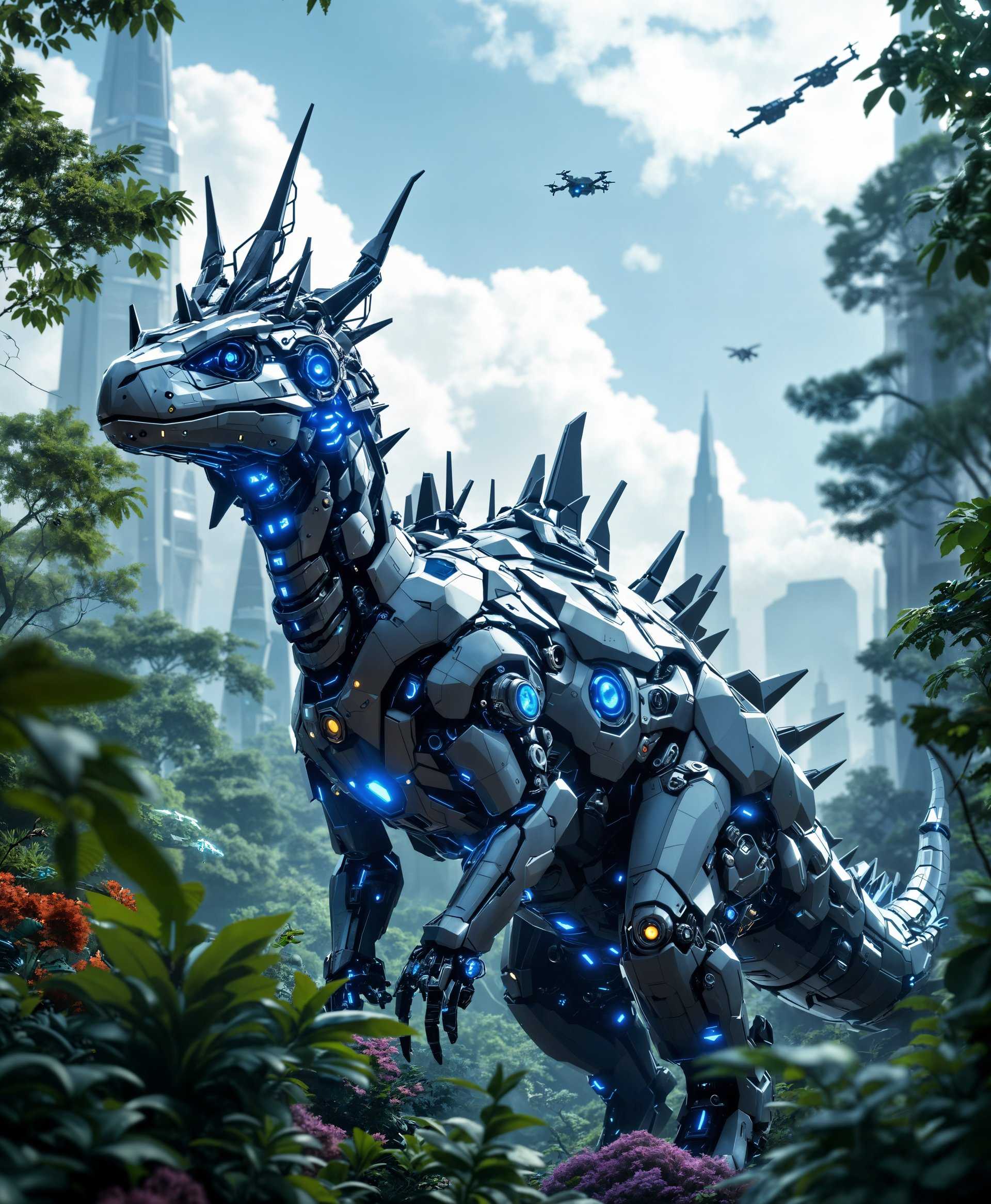 masterpiece, best quality, highres, sharp image, more detail, masterpiece, best quality, highres, sharp image, more detail, Create an ultra-high-definition image showcasing a **Mecha Parasaurolophus Dinosaur** set amidst the **futuristic wild**. The dinosaur should have a sleek, metallic body with intricate mechanical details, its skin reflecting shades of gunmetal gray, chrome, and electric blue highlights. Its signature crest should be a complex array of antennas, sensors, and glowing neon lights, giving it a cybernetic, almost alien appearance. 

- **Visual Details**: The dinosaur's texture should mimic the look of advanced robotics, with visible servos, gears, and hydraulic systems under translucent armor. The surrounding environment should feature a mix of lush, overgrown vegetation with elements of futuristic architecture, like towering glass spires and hovering drones.

- **Style**: Adopt a **cyberpunk** aesthetic, with a slight nod to the **Art Deco** movement for its streamlined, geometric shapes. Use a **hyperrealistic** style to capture the fine details of both the mecha-dinosaur and its environment.

- **Composition**: Center the Parasaurolophus in a three-quarters view, allowing the viewer to appreciate its mechanical complexity. The camera should be positioned at eye level with the dinosaur, with the background showcasing the contrast between nature and technology. Employ a shallow depth of field to focus on the dinosaur while subtly blurring the high-tech wild.

- **Mood and Atmosphere**: The scene should evoke a sense of awe and wonder, with the lighting mimicking the soft, diffused glow of a futuristic city at twilight. The atmosphere should be slightly misty, with light rain reflecting off the metallic surfaces, adding to the cyberpunk vibe.

- **Technical Aspects**: Utilize **Bokeh** effects to enhance the focus on the subject, with **HDR** lighting to capture the dynamic range of both the environment and the glowing parts of the dinosaur. Use **Chromatic Aberration** sparingly to give a slight futuristic distortion to the edges.

- **Cohesion**: Ensure the dinosaur integrates seamlessly with the environment, as if it's a natural part of this high-tech ecosystem. The balance between organic and mechanical elements should create a harmonious, yet surreal, scene.