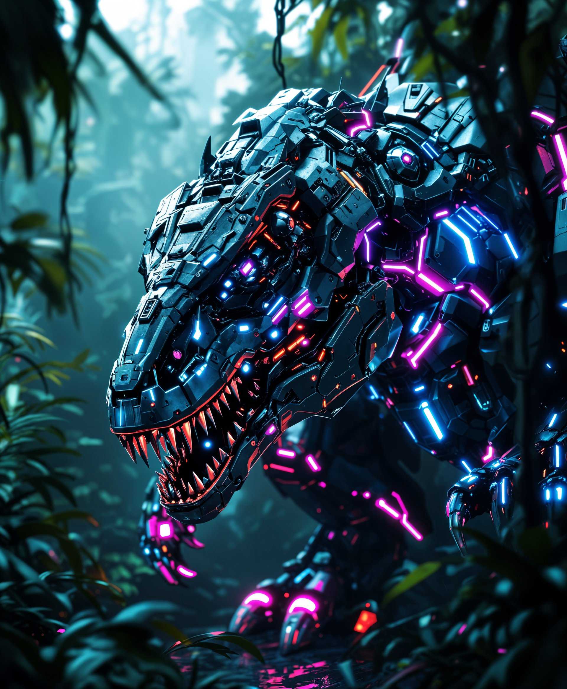 masterpiece, best quality, highres, sharp image, more detail, masterpiece, best quality, highres, sharp image, more detail, **Highly Detailed Portrait of a Mecha Tyrannosaurus Rex in the Futuristic Wild:**

- **Subject**: A colossal mecha Tyrannosaurus Rex, its metallic hide gleaming with a futuristic sheen. The dinosaur's eyes glow with a menacing red light, casting an eerie illumination on its surroundings.

- **Visual Details**: 
  - **Exterior**: The mecha's body is adorned with intricate mechanical patterns, hydraulic joints, and visible circuits that pulse with energy. 
  - **Texture**: The metallic surface reflects the environment, showing off a spectrum of light and shadow, with some parts appearing worn or battle-scarred, adding to its realism.
  - **Colors**: Dominated by dark gunmetal grays and blacks, accented with vibrant neon lines and glowing energy conduits in electric blue and magenta.

- **Style**: Cyberpunk art style, reminiscent of Syd Mead's detailed futuristic designs, combined with the raw power and predatory essence of a dinosaur, as if captured through high-contrast, cinematic lighting.

- **Composition**: 
  - **Positioning**: The mecha T-Rex stands prominently in the center, its head slightly turned towards the camera, showcasing its imposing size and intricate machinery.
  - **Camera Angle**: Low angle shot, making the mecha T-Rex appear even more massive and intimidating, with the viewer feeling small in its presence.
  - **Framing**: The dinosaur fills the frame, with just enough space around to convey the vastness of the futuristic wild.

- **Mood and Atmosphere**: 
  - **Setting**: The background features a dense, neon-lit jungle with towering, bioluminescent plants and holographic flora, creating a surreal, otherworldly environment.
  - **Time of Day**: Twilight, with the last rays of sunlight filtering through the cybernetic foliage, casting long, dramatic shadows.
  - **Ambiance**: The scene exudes an atmosphere of tension and awe, with a subtle overlay of electrical hums and distant mechanical roars.

- **Technical Aspects**: 
  - **Lighting**: Dynamic lighting with high contrast, showcasing the mecha's details through chiaroscuro, with light sources from the glowing parts of the T-Rex and the environment.
  - **Depth of Field**: Shallow depth of field focusing on the mecha T-Rex, with the background slightly blurred to emphasize the subject.

**Prompt**: A highly detailed, cinematic portrait of a colossal mecha Tyrannosaurus Rex in a futuristic wild, its metallic body adorned with intricate mechanical patterns