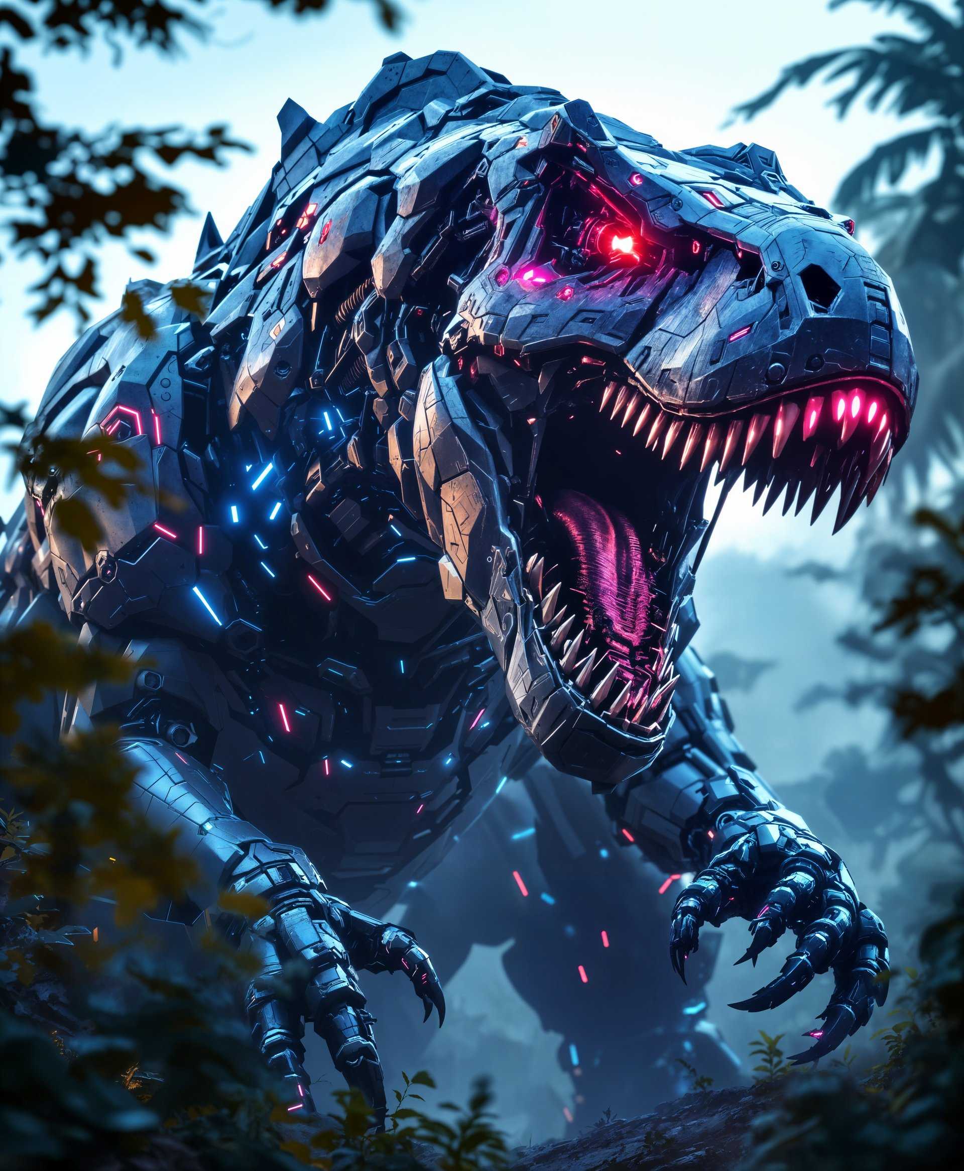 masterpiece, best quality, highres, sharp image, more detail, masterpiece, best quality, highres, sharp image, more detail, **Highly Detailed Portrait of a Mecha Tyrannosaurus Rex in the Futuristic Wild:**

- **Subject**: A colossal mecha Tyrannosaurus Rex, its metallic hide gleaming with a futuristic sheen. The dinosaur's eyes glow with a menacing red light, casting an eerie illumination on its surroundings.

- **Visual Details**: 
  - **Exterior**: The mecha's body is adorned with intricate mechanical patterns, hydraulic joints, and visible circuits that pulse with energy. 
  - **Texture**: The metallic surface reflects the environment, showing off a spectrum of light and shadow, with some parts appearing worn or battle-scarred, adding to its realism.
  - **Colors**: Dominated by dark gunmetal grays and blacks, accented with vibrant neon lines and glowing energy conduits in electric blue and magenta.

- **Style**: Cyberpunk art style, reminiscent of Syd Mead's detailed futuristic designs, combined with the raw power and predatory essence of a dinosaur, as if captured through high-contrast, cinematic lighting.

- **Composition**: 
  - **Positioning**: The mecha T-Rex stands prominently in the center, its head slightly turned towards the camera, showcasing its imposing size and intricate machinery.
  - **Camera Angle**: Low angle shot, making the mecha T-Rex appear even more massive and intimidating, with the viewer feeling small in its presence.
  - **Framing**: The dinosaur fills the frame, with just enough space around to convey the vastness of the futuristic wild.

- **Mood and Atmosphere**: 
  - **Setting**: The background features a dense, neon-lit jungle with towering, bioluminescent plants and holographic flora, creating a surreal, otherworldly environment.
  - **Time of Day**: Twilight, with the last rays of sunlight filtering through the cybernetic foliage, casting long, dramatic shadows.
  - **Ambiance**: The scene exudes an atmosphere of tension and awe, with a subtle overlay of electrical hums and distant mechanical roars.

- **Technical Aspects**: 
  - **Lighting**: Dynamic lighting with high contrast, showcasing the mecha's details through chiaroscuro, with light sources from the glowing parts of the T-Rex and the environment.
  - **Depth of Field**: Shallow depth of field focusing on the mecha T-Rex, with the background slightly blurred to emphasize the subject.

**Prompt**: A highly detailed, cinematic portrait of a colossal mecha Tyrannosaurus Rex in a futuristic wild, its metallic body adorned with intricate mechanical patterns